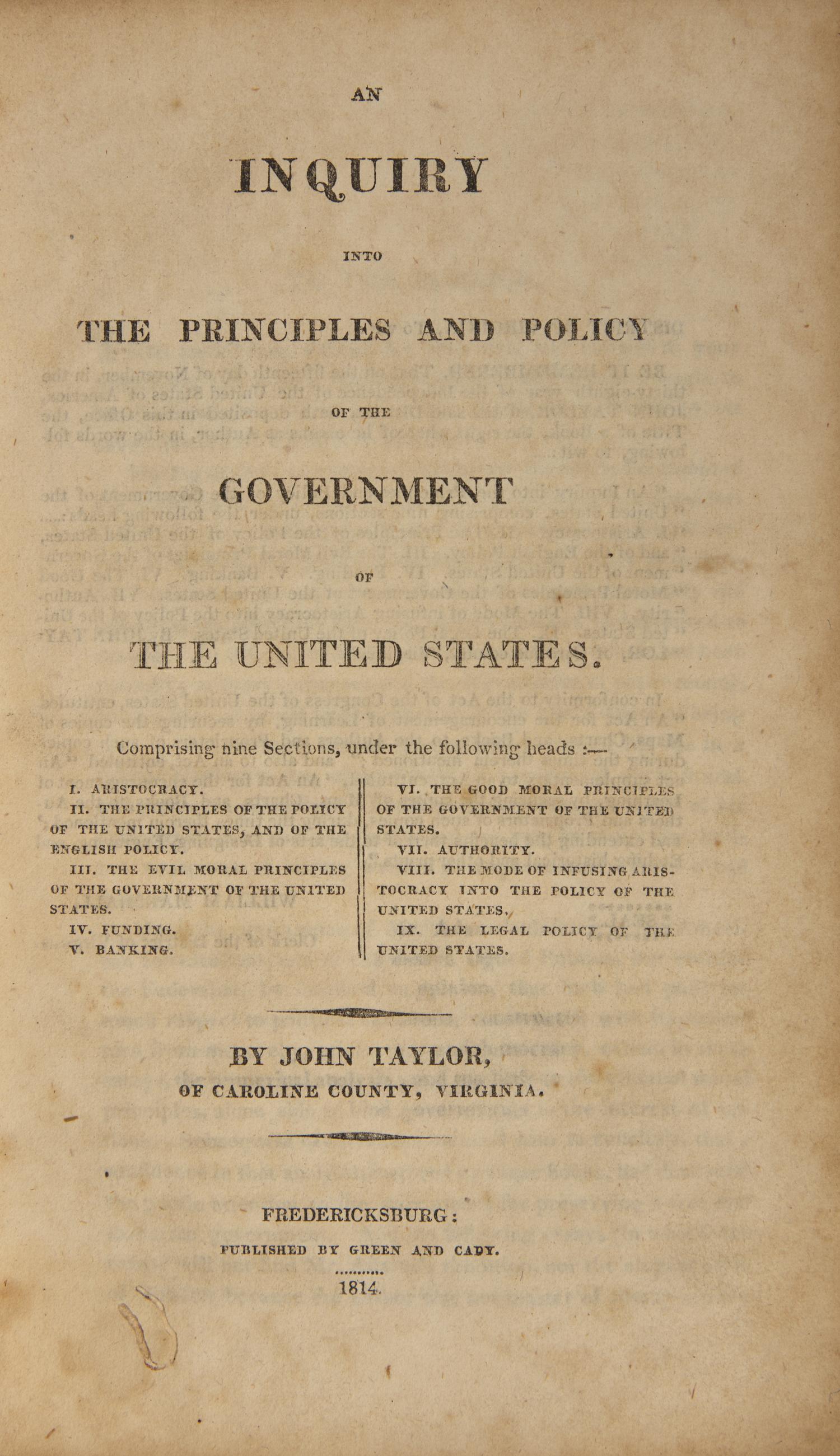 [Americana] Taylor, John. An Inquiry into the Principles and Policy of Government of the United States