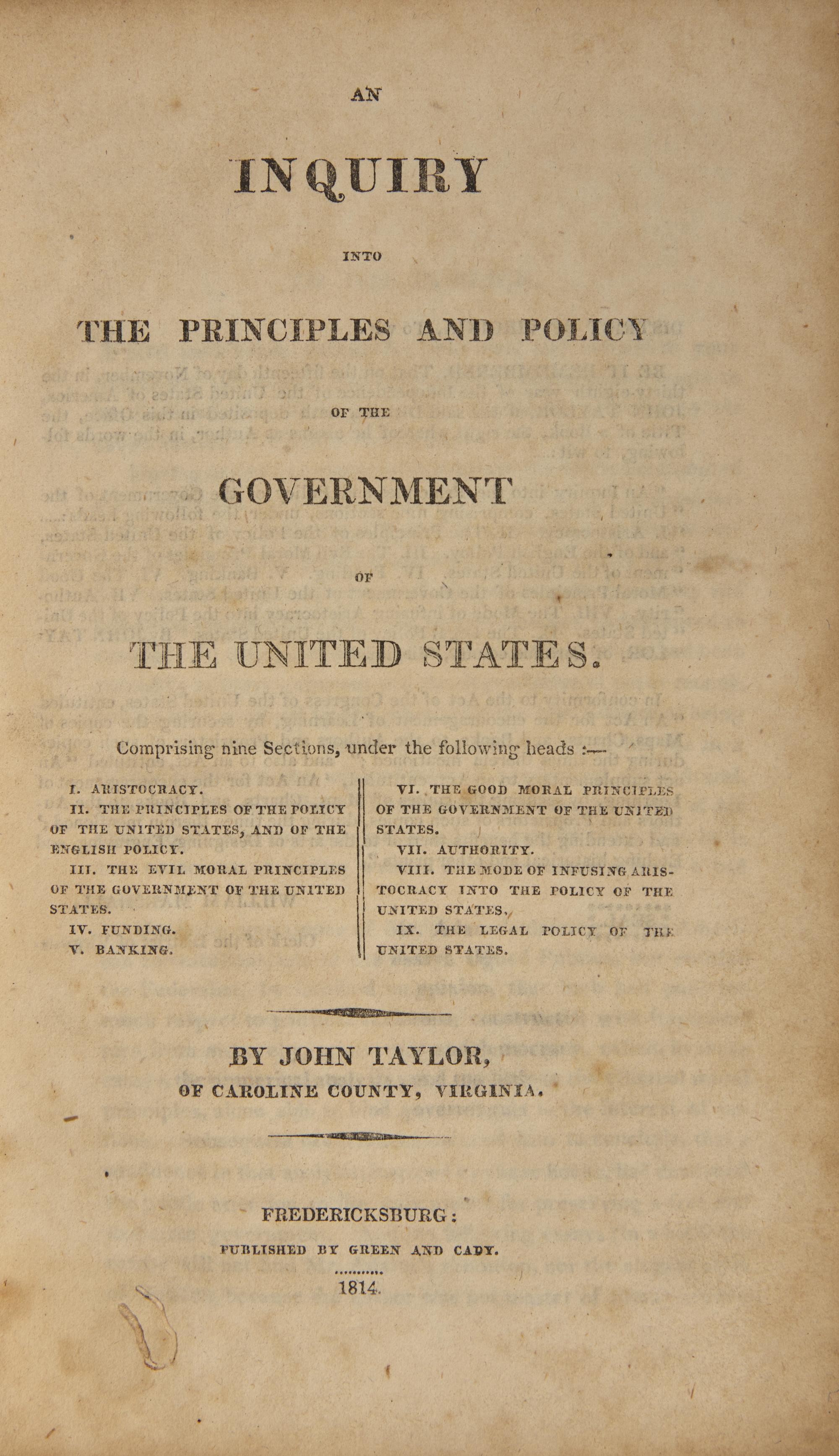 [Americana] Taylor, John. An Inquiry into the Principles and Policy of Government of the United States