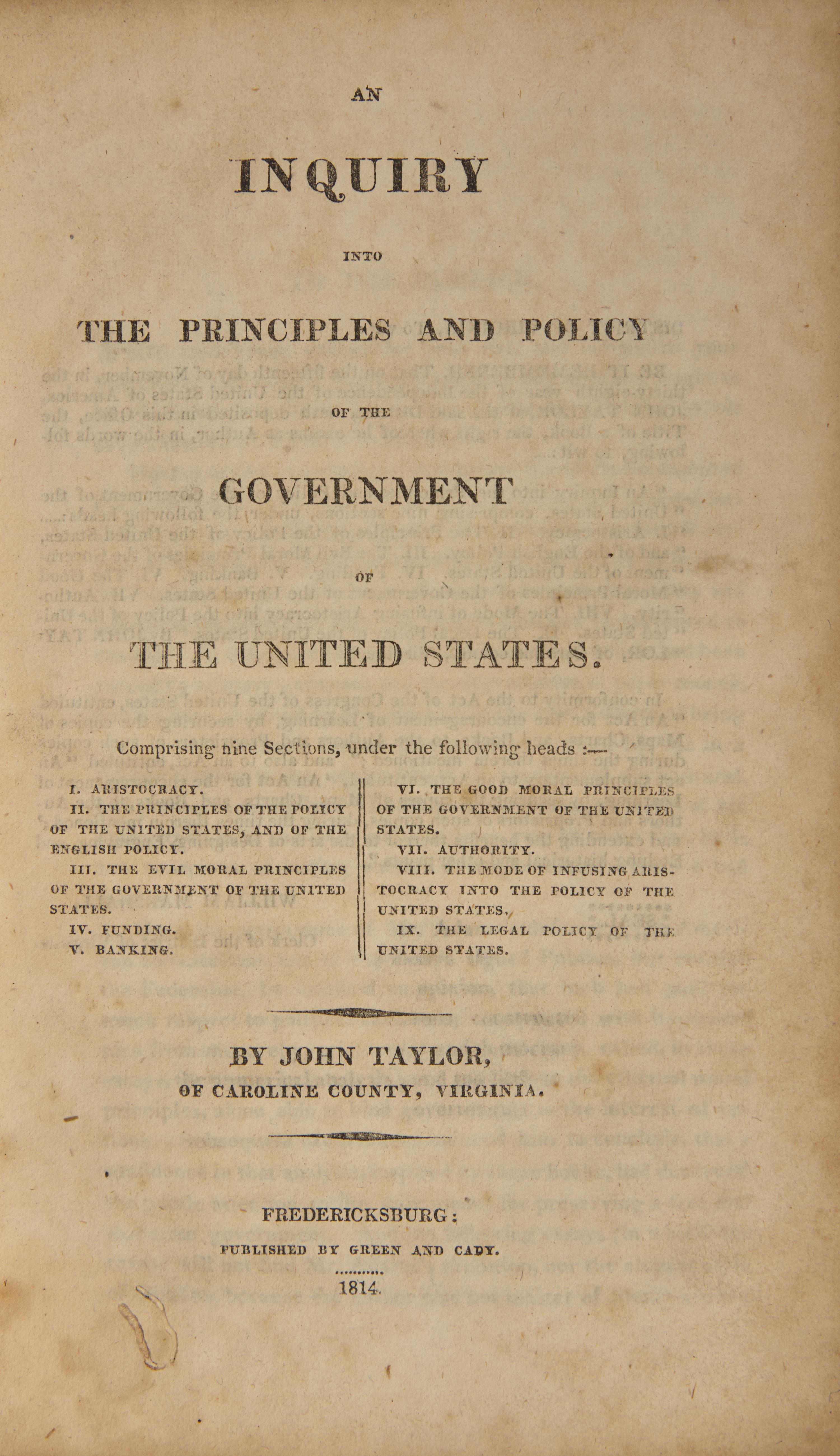 [Americana] Taylor, John. An Inquiry into the Principles and Policy of Government of the United States