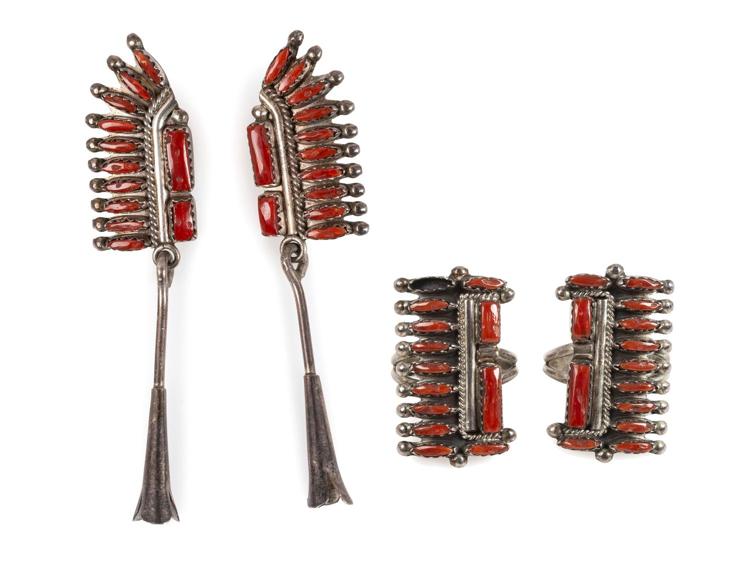 Zuni Sterling Silver and Coral Cluster Earrings AND Rings
