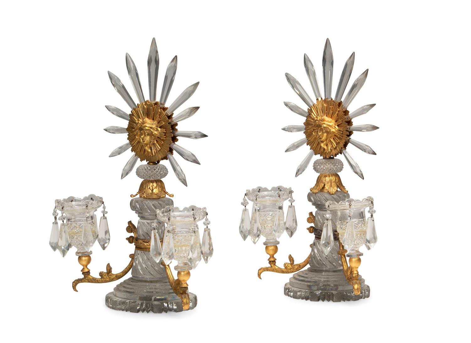 A Pair of Regency Gilt Bronze and Cut Glass Twin-Light Candelabra