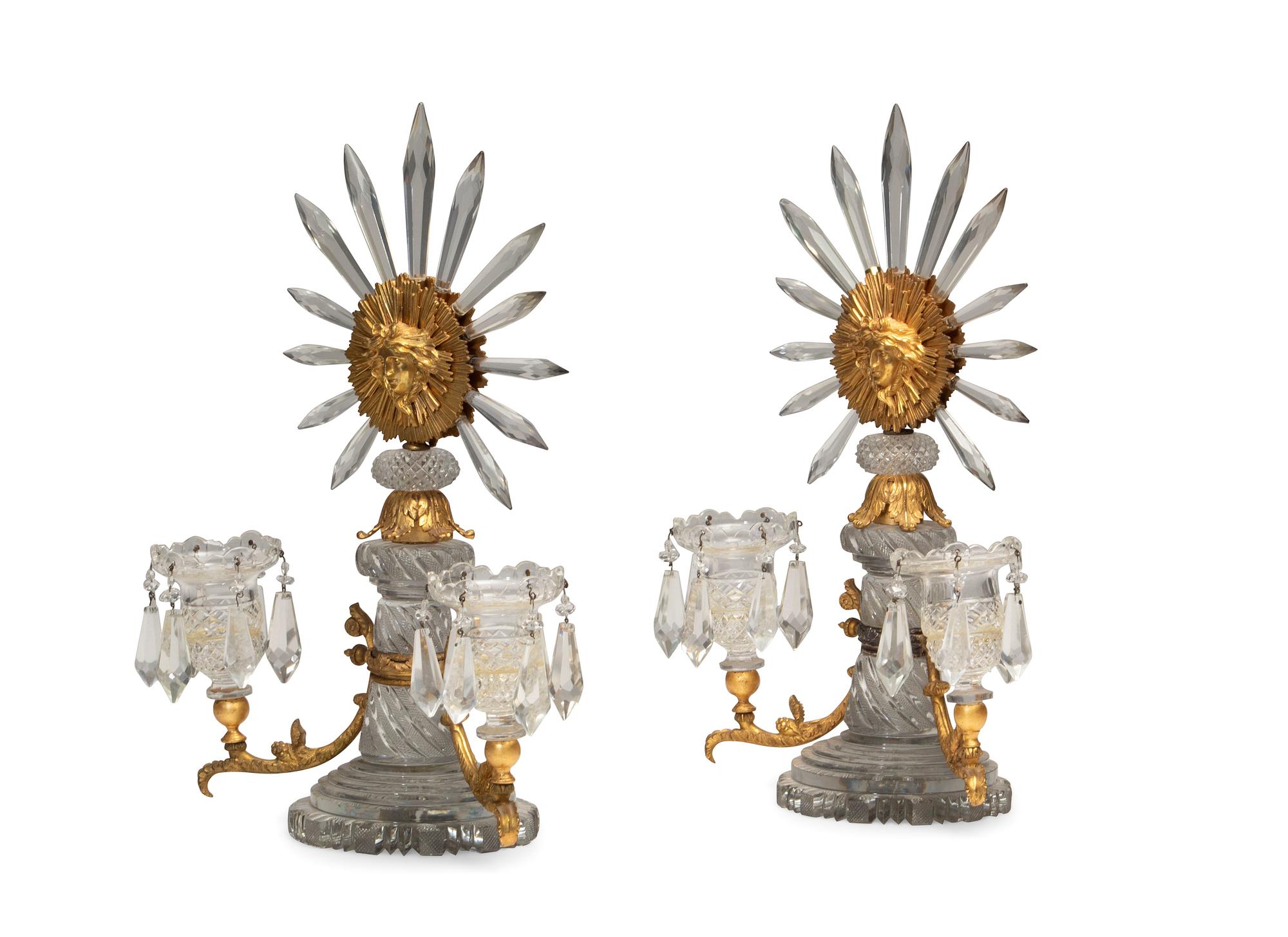 A Pair of Regency Gilt Bronze and Cut Glass Twin-Light Candelabra