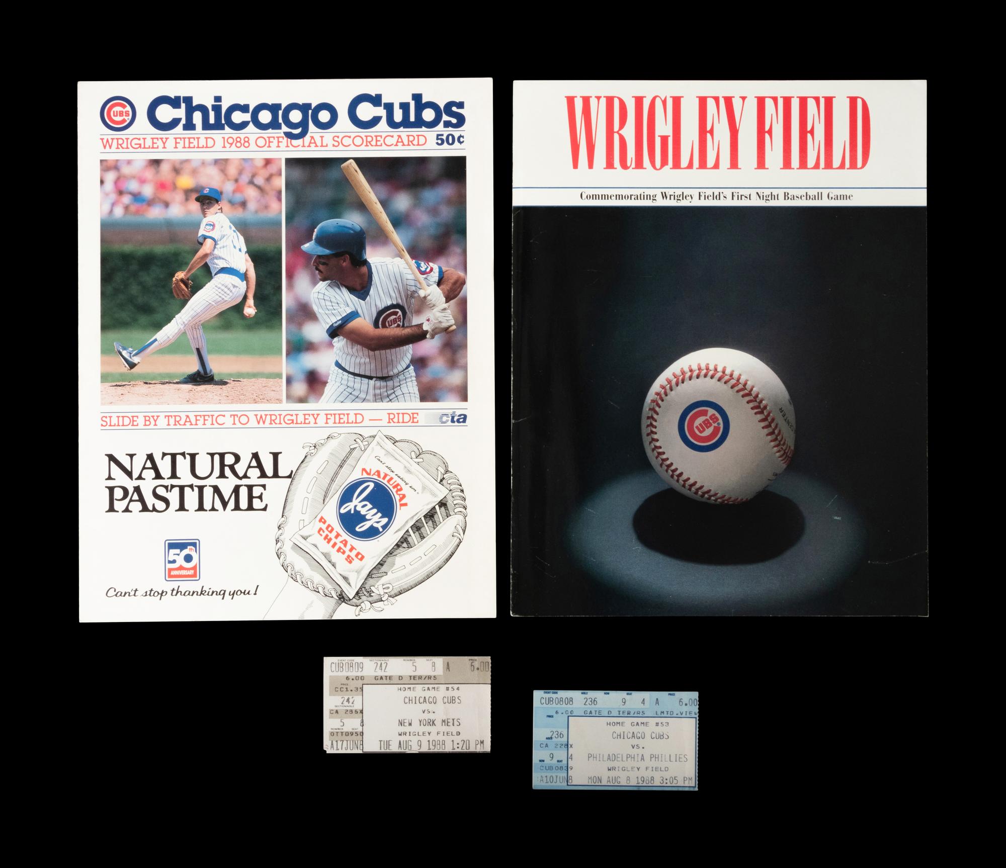 A Group of 1988 Chicago Cubs First Night Game at Wrigley Field Tickets and Programs,