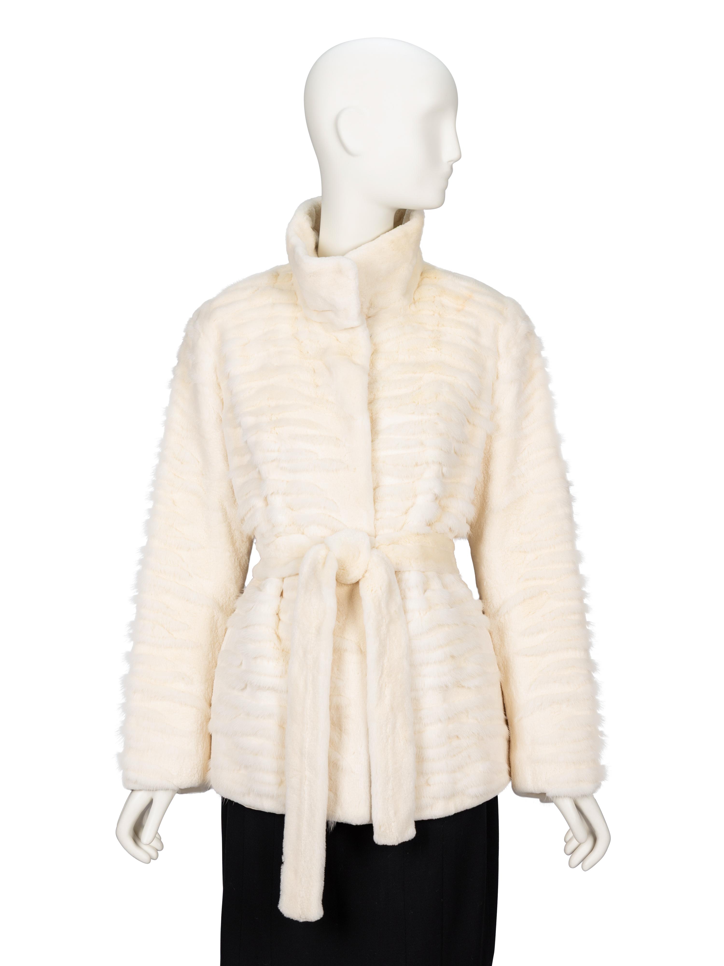 Mila Schön, Belted Sheared Mink White Jacket