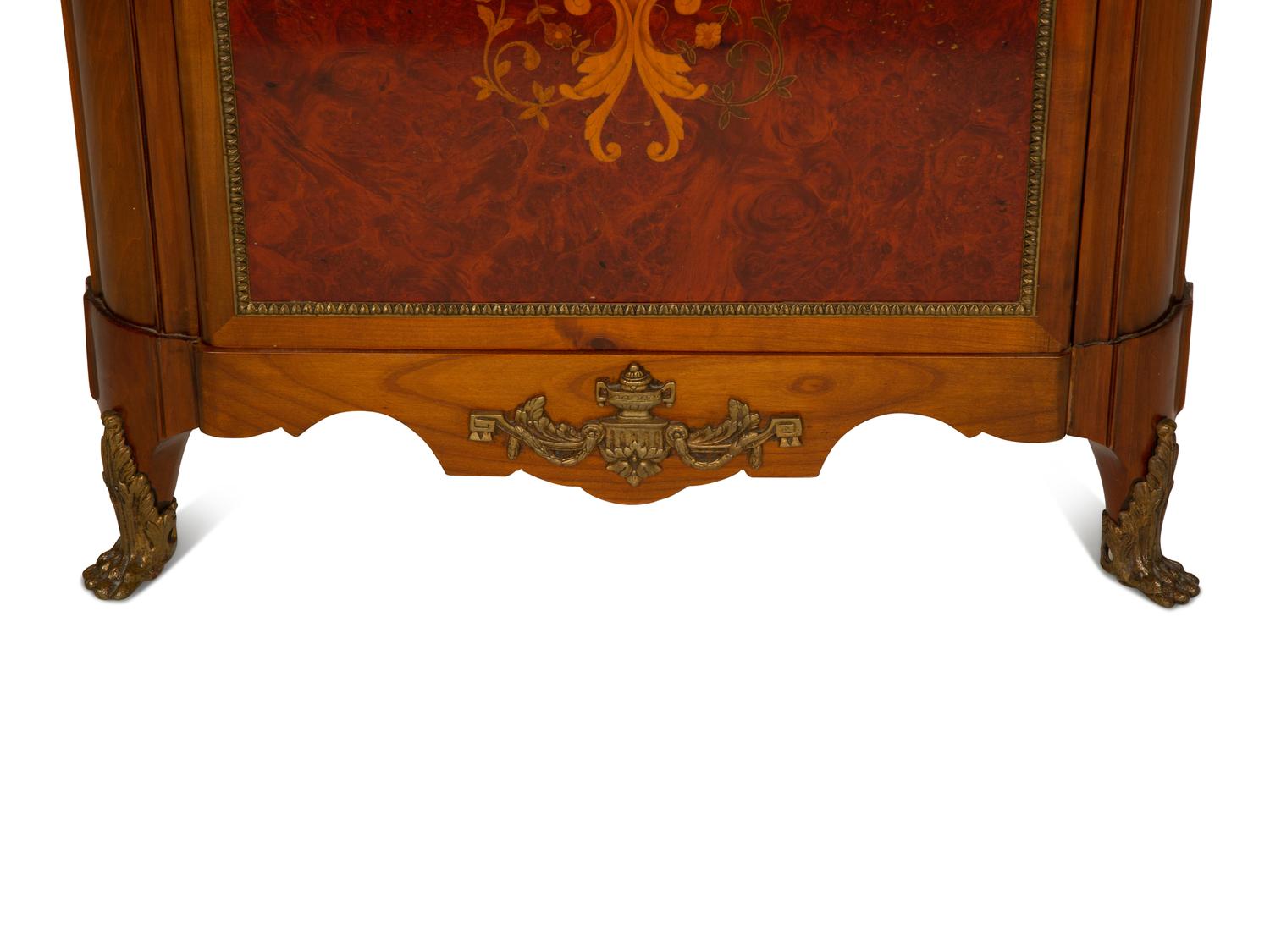 A Louis XVI Style Gilt Bronze Mounted Marquetry Marble-Top Cabinet