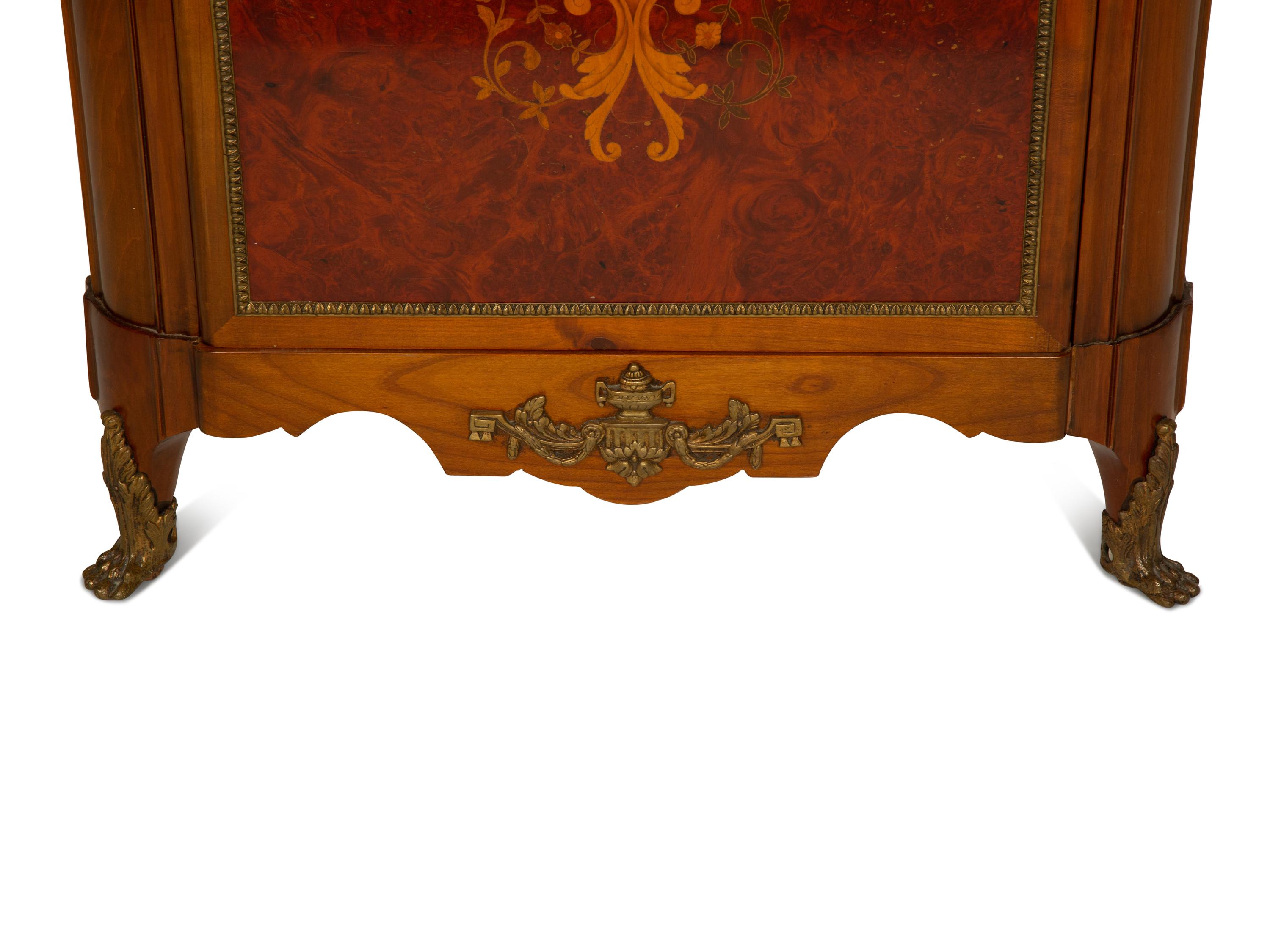 A Louis XVI Style Gilt Bronze Mounted Marquetry Marble-Top Cabinet