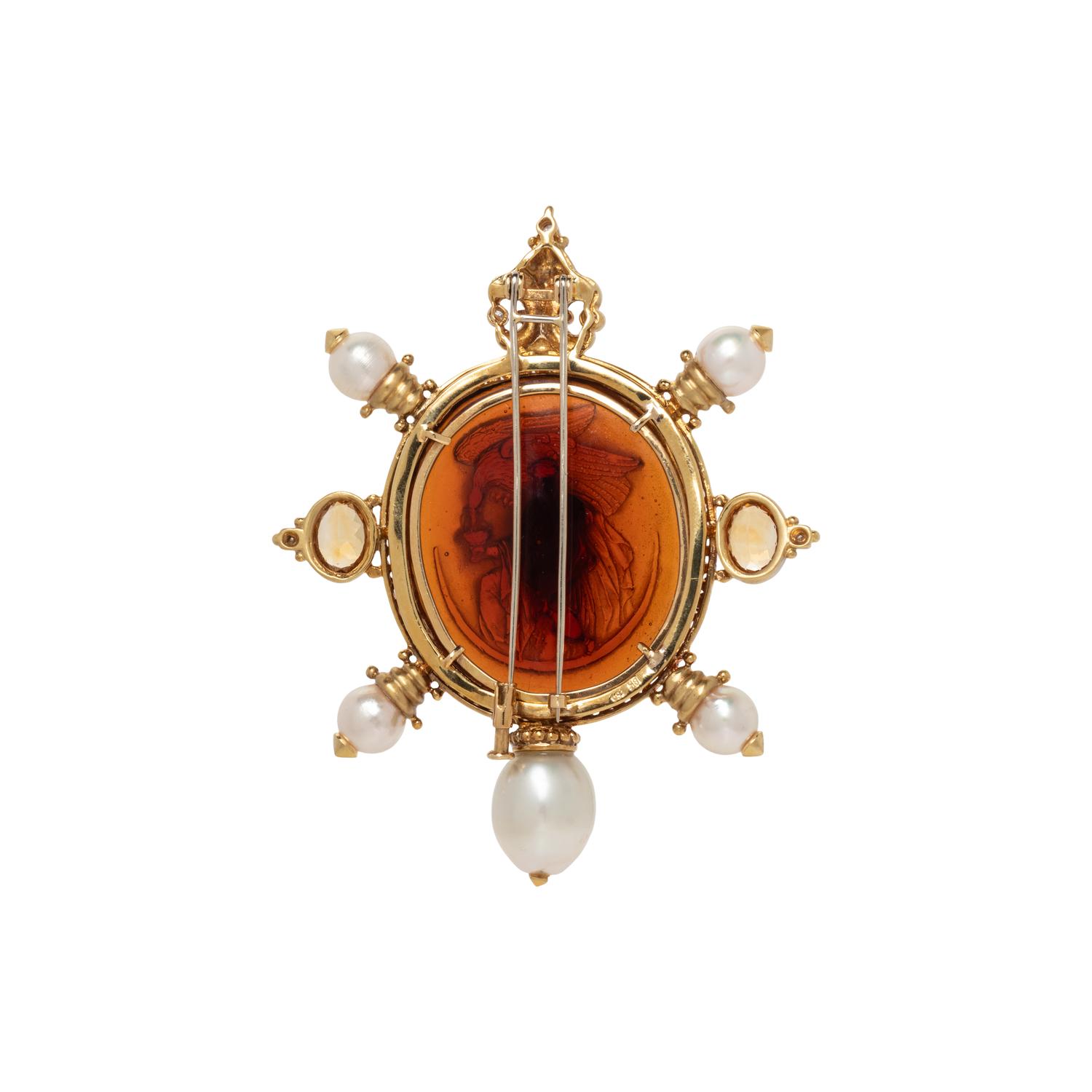GOLD, DIAMOND, CULTURED PEARL, CITRINE, AND GLASS CAMEO BROOCH