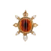 GOLD, DIAMOND, CULTURED PEARL, CITRINE, AND GLASS CAMEO BROOCH