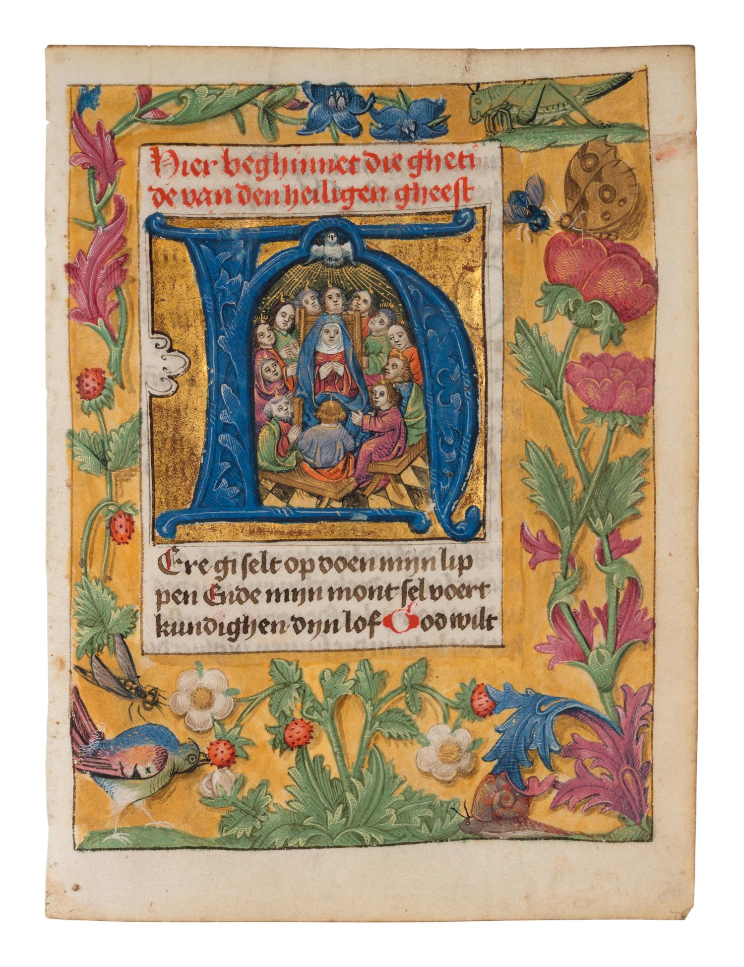 CIRCLE OF THE MASTER OF THE LONDON JASON (active Haarlem, c. 1470-1480) A leaf from a Book of Hours, including a historiated initial ‘H’ of the Pentecost, in Dutch, illuminated manuscript on parchment [Netherlands, South Holland, and Flanders, Bruges, c. 1470-1480]