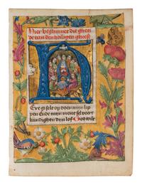 CIRCLE OF THE MASTER OF THE LONDON JASON (active Haarlem, c. 1470-1480) A leaf from a Book of Hours, including a historiated initial ‘H’ of the Pentecost, in Dutch, illuminated manuscript on parchment [Netherlands, South Holland, and Flanders, Bruges, c. 1470-1480]