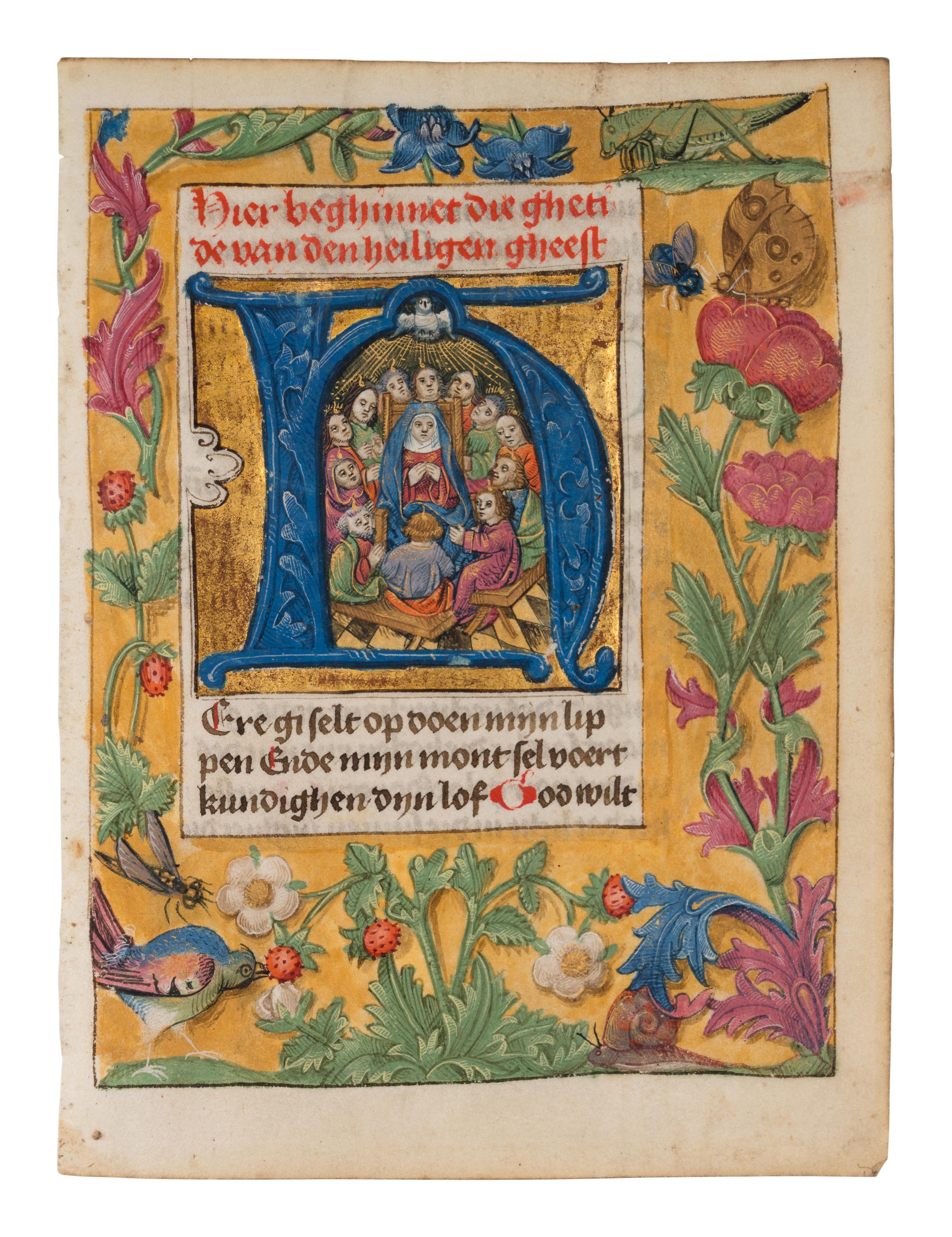CIRCLE OF THE MASTER OF THE LONDON JASON (active Haarlem, c. 1470-1480) A leaf from a Book of Hours, including a historiated initial ‘H’ of the Pentecost, in Dutch, illuminated manuscript on parchment [Netherlands, South Holland, and Flanders, Bruges, c. 1470-1480]