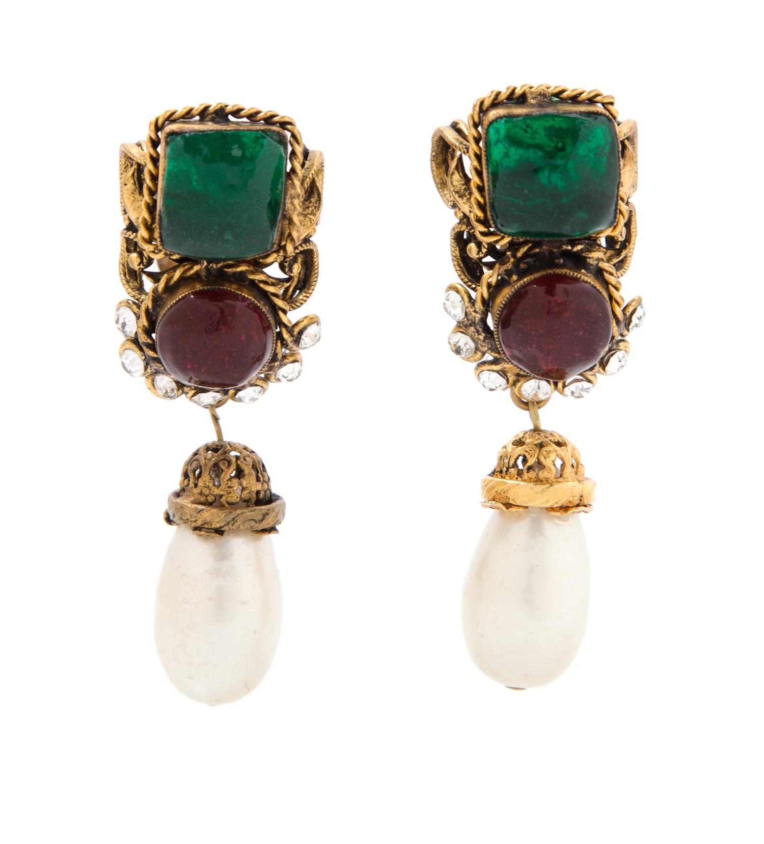 A Pair of Chanel Faux Pearl and Gripoix Drop Earclips, 2.5" x .75".