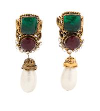 A Pair of Chanel Faux Pearl and Gripoix Drop Earclips, 2.5" x .75".