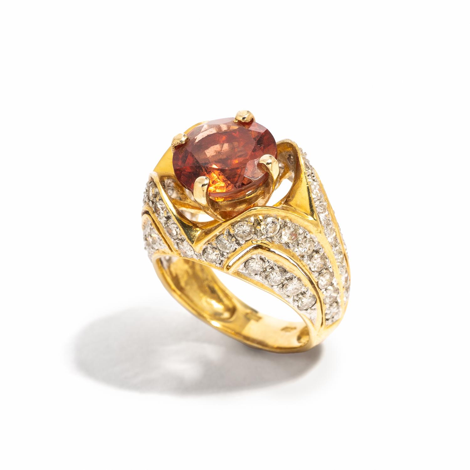 YELLOW GOLD, COLORED GEM, AND DIAMOND RING