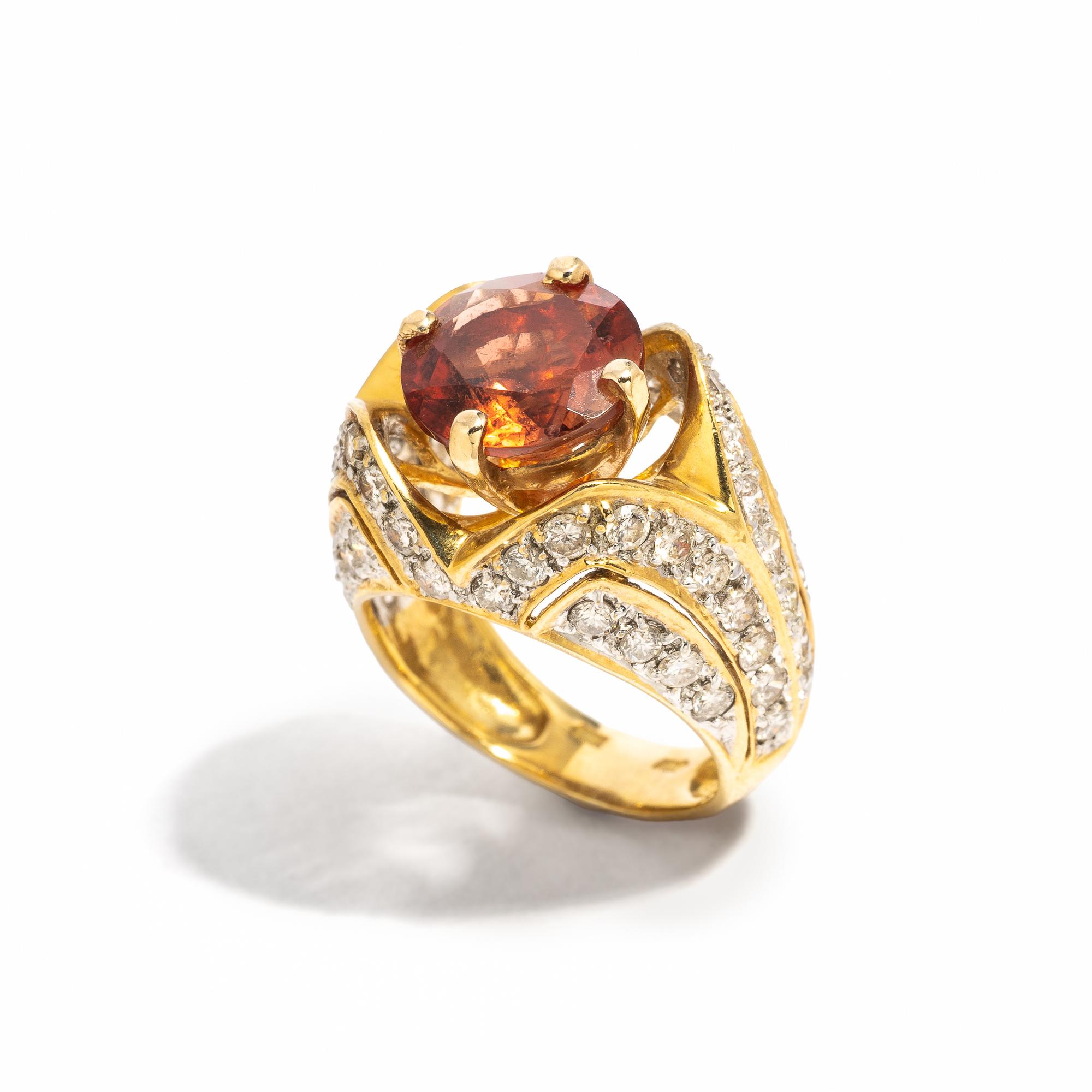 YELLOW GOLD, COLORED GEM, AND DIAMOND RING