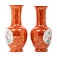 A Pair of Chinese Gilt Highlighted Coral-Red Ground Famille Rose Porcelain Vases