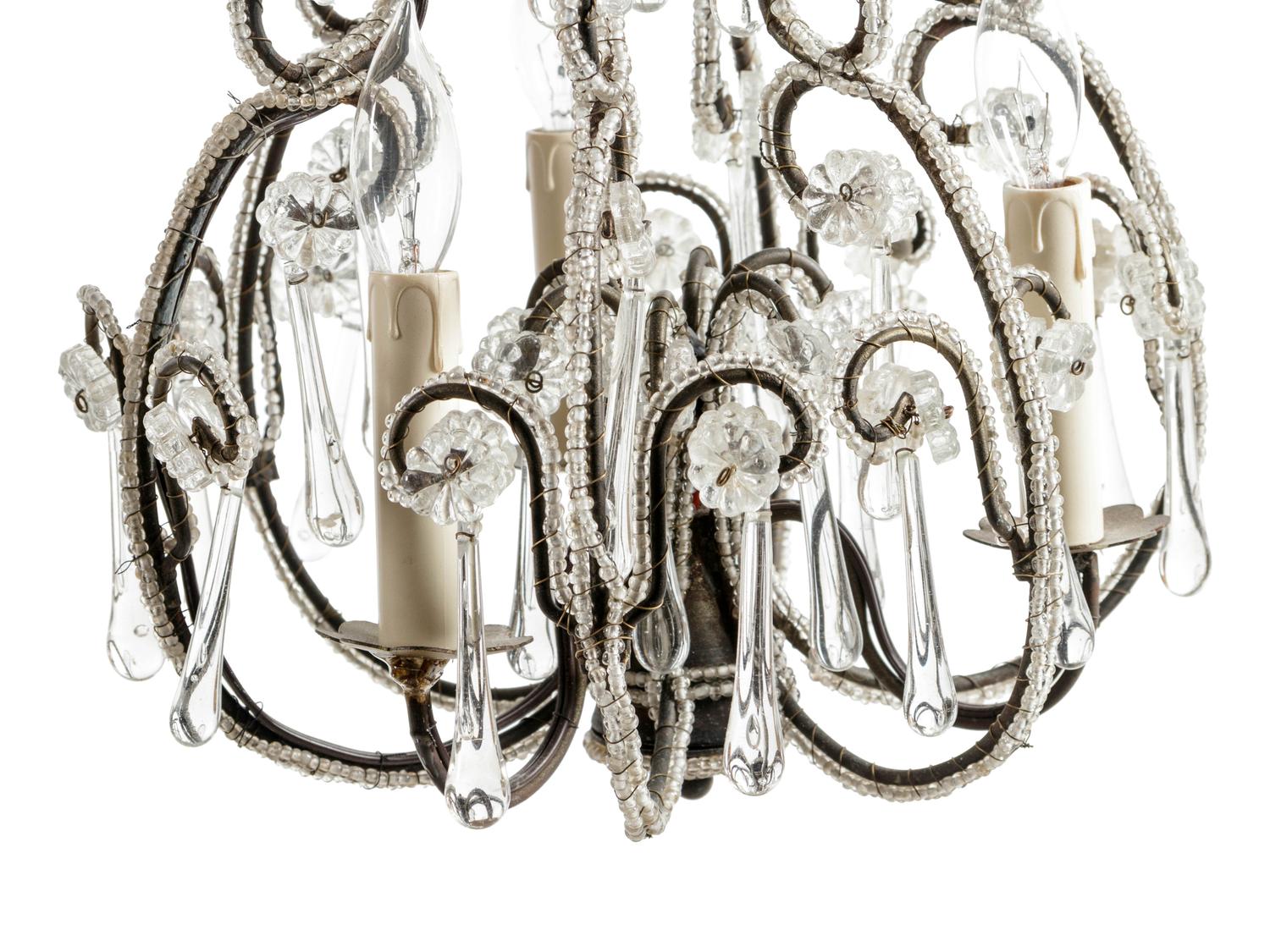 A French Beaded Cast Metal Chandelier in the Style of Maison Baguès