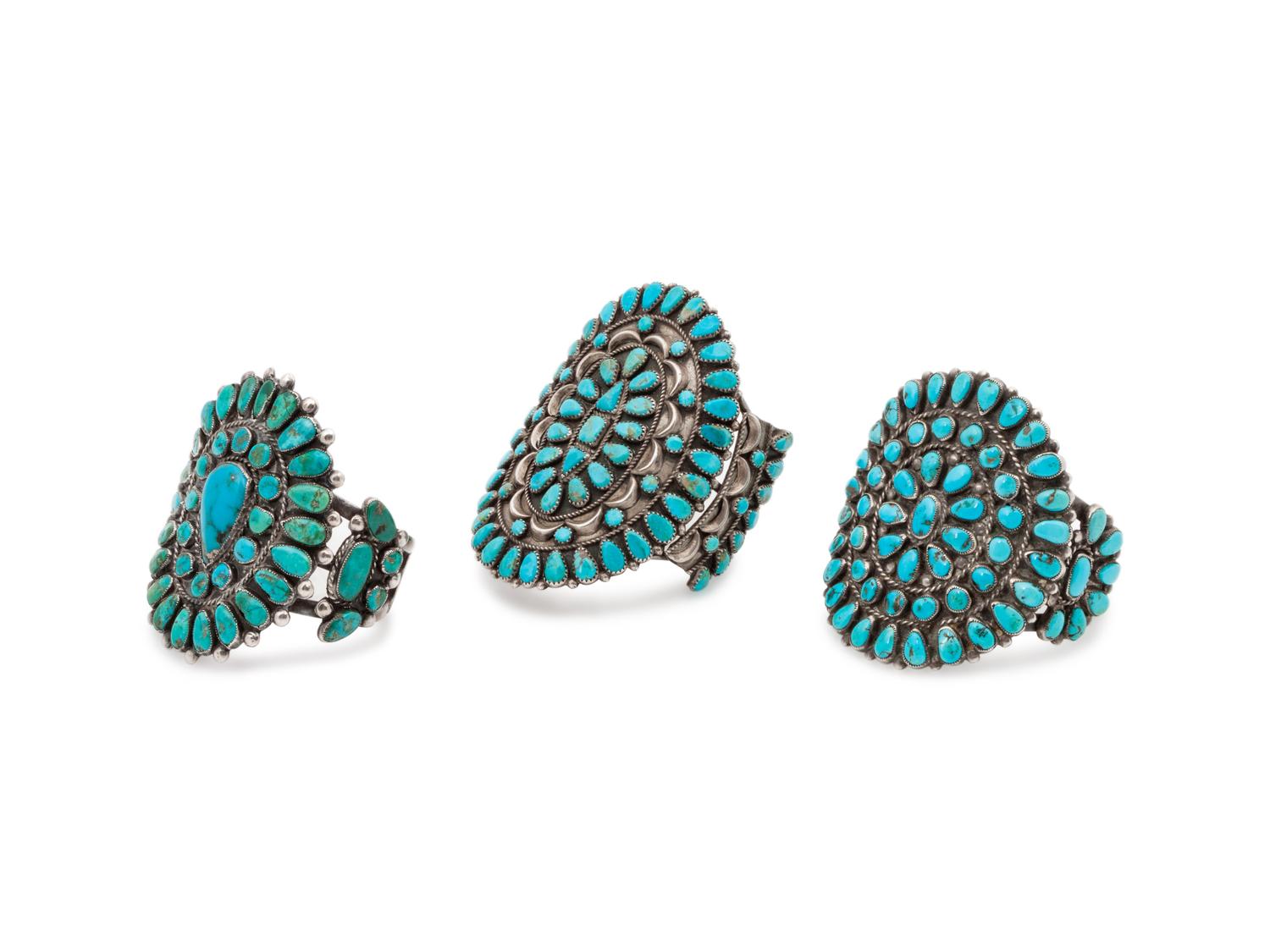Navajo and Zuni Silver and Turquoise Cluster Cuff Bracelets