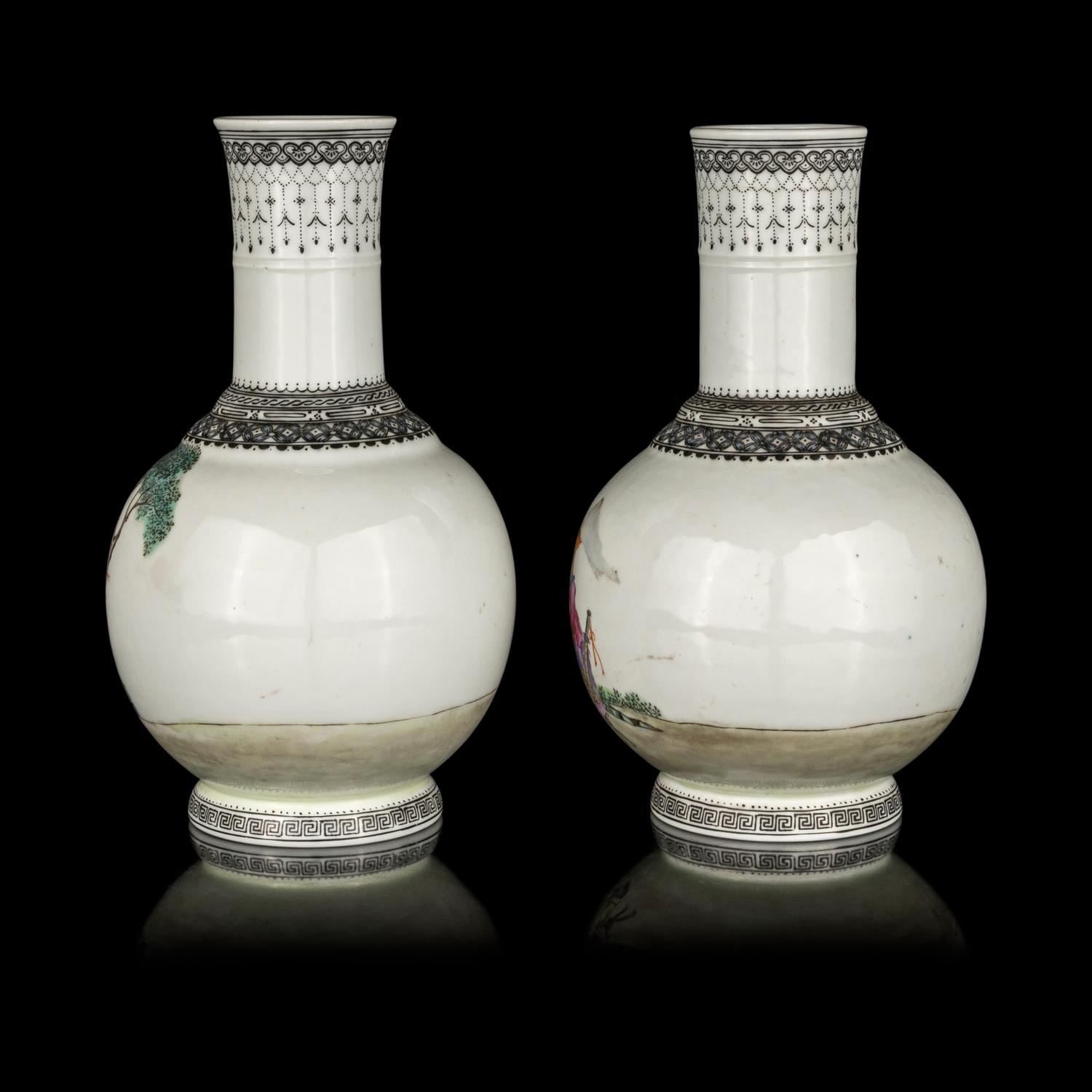 A Pair of Chinese Famille Rose Porcelain Bottle Vases