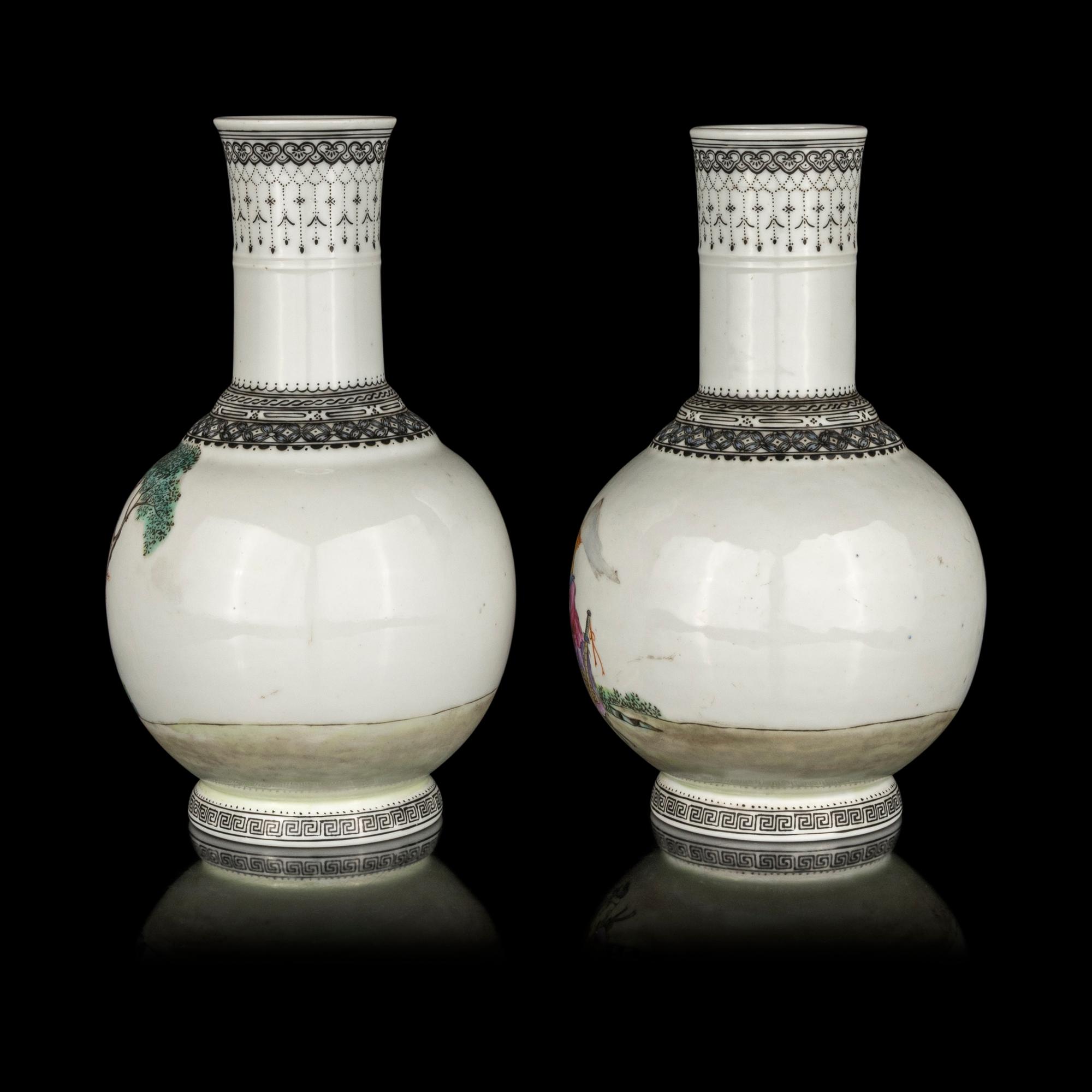 A Pair of Chinese Famille Rose Porcelain Bottle Vases