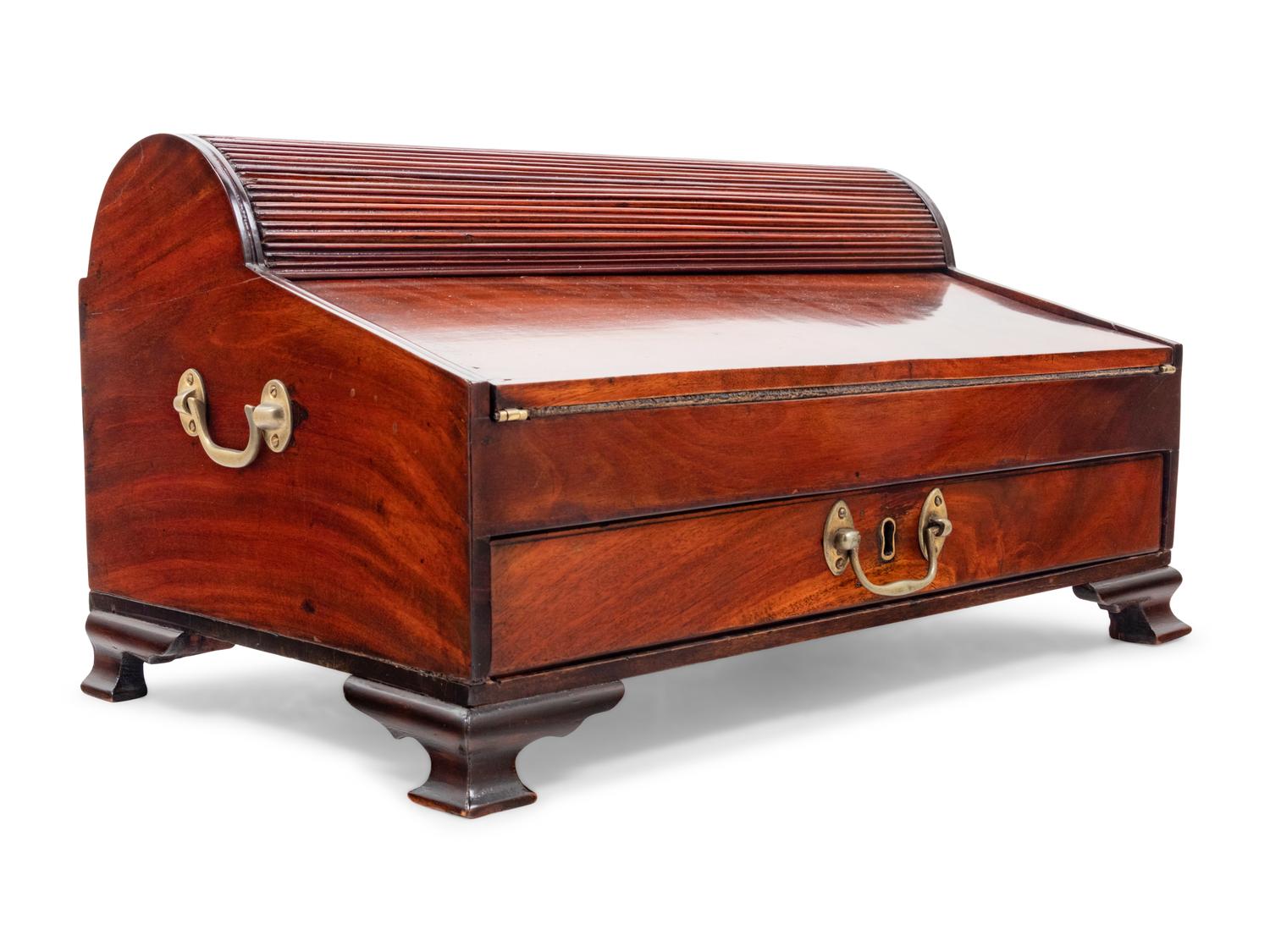 A George III Tambour Top Brass Mounted Mahogany Writing Slope and Stationary Box