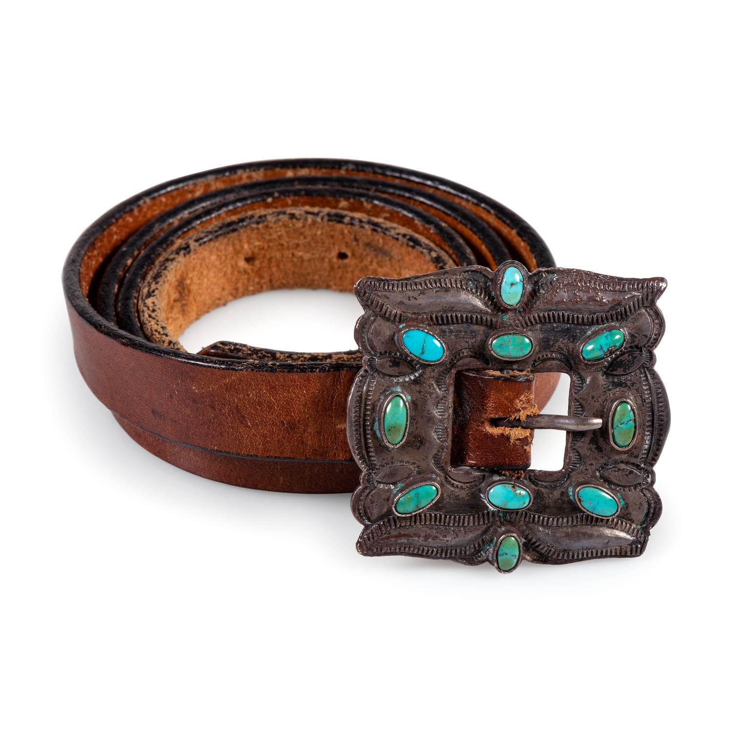 Navajo Silver and Turquoise Belt Buckle, with Leather Belt