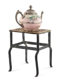 An English Brass and Steel Kettle Warming Stand with a Pewter and Earthenware Teapot