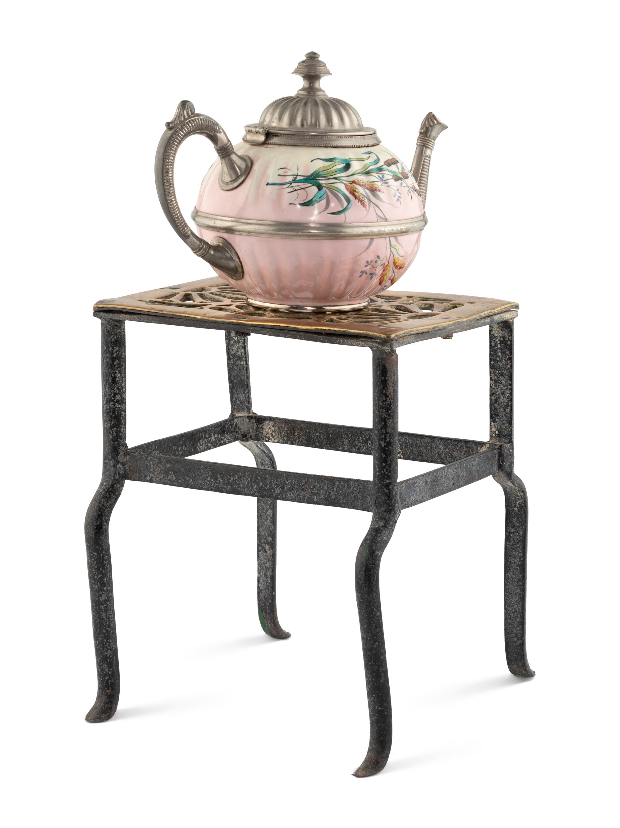 An English Brass and Steel Kettle Warming Stand with a Pewter and Earthenware Teapot