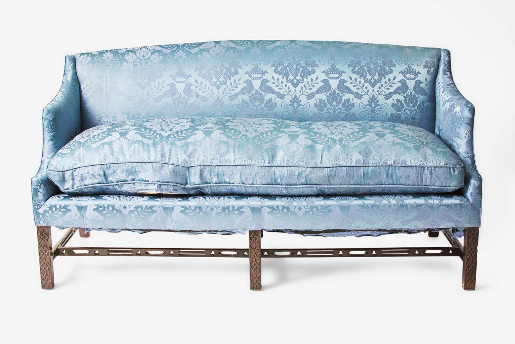 A George III box-form mahogany sofa with blue silk damask upholstery, second half 18th century