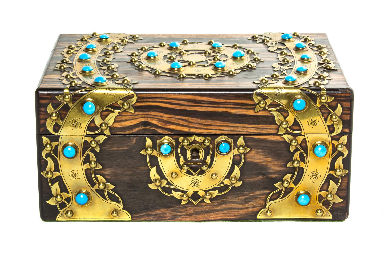 An English Brass Banded and Stone Inset Calamander Wood Table Casket, Width 10 7/8 inches.