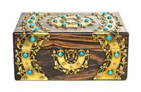 An English Brass Banded and Stone Inset Calamander Wood Table Casket, Width 10 7/8 inches.