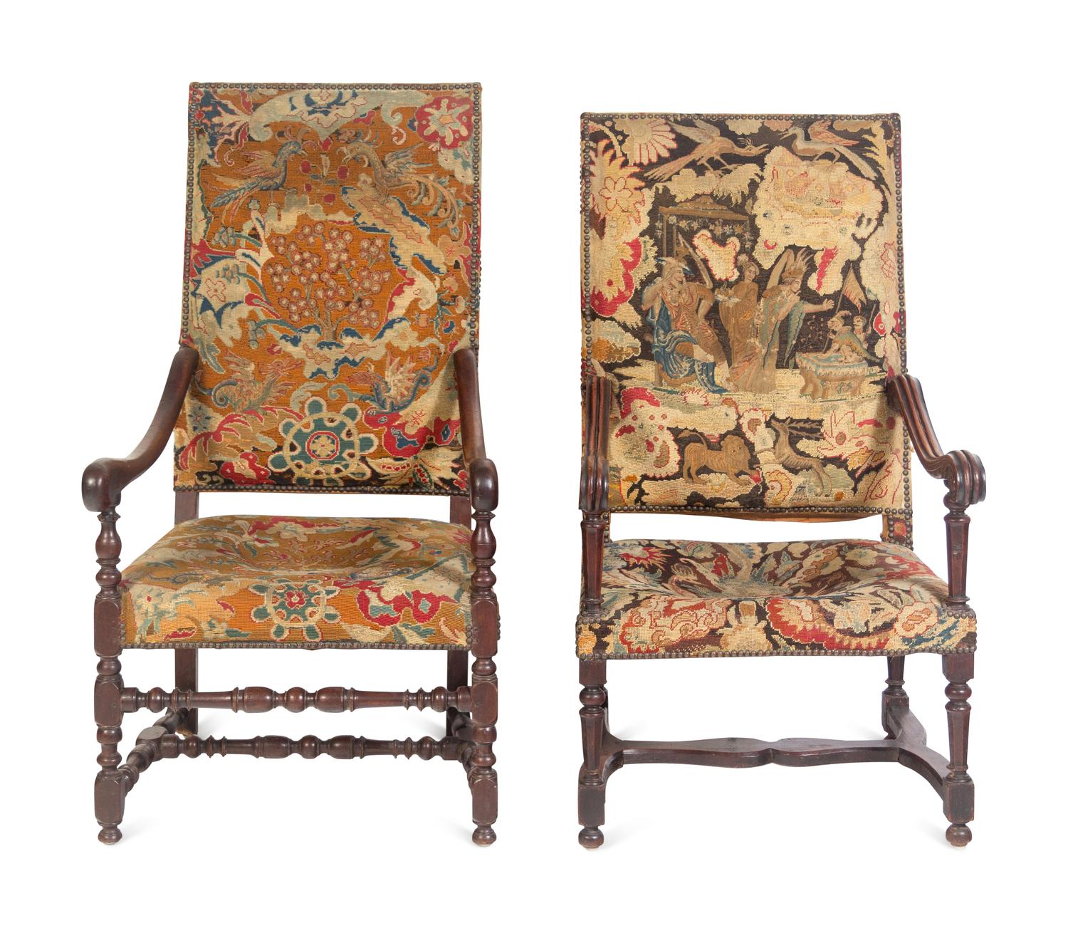 Two William and Mary Walnut Armchairs with Tapestry Upholstery