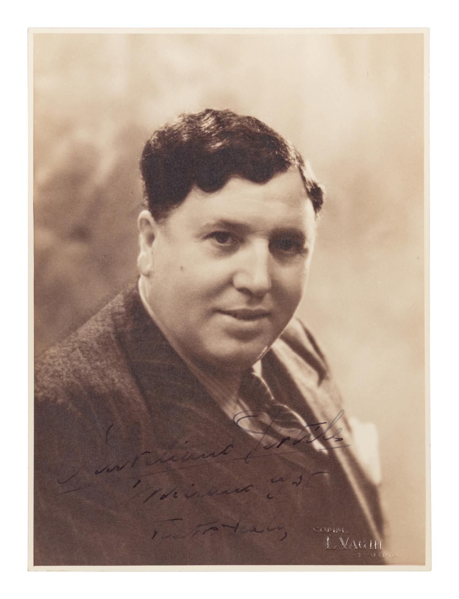 PERTILE, Aureliano (1885-1952). Black and white photographic portrait, signed and inscribed (“Aureliano Pertile Milano 1926 Teatro Scala”).