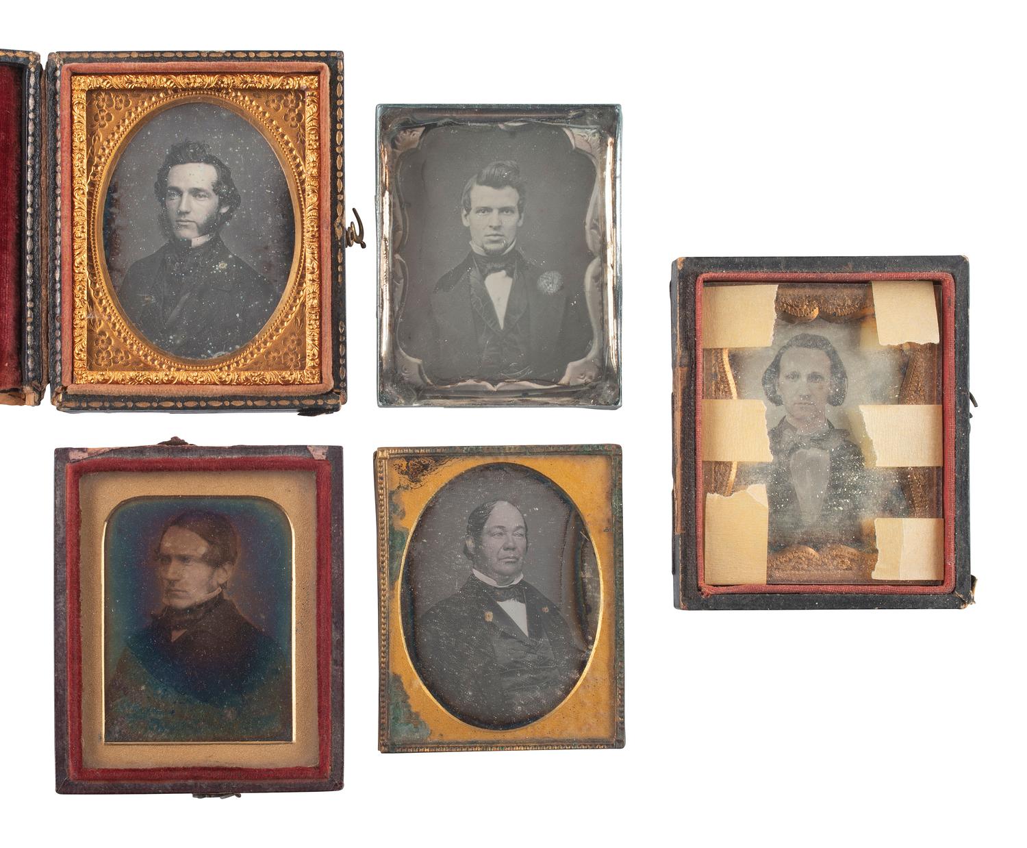 [EARLY PHOTOGRAPHY]. 19 ninth plate daguerreotypes of men with interesting hairstyles.
