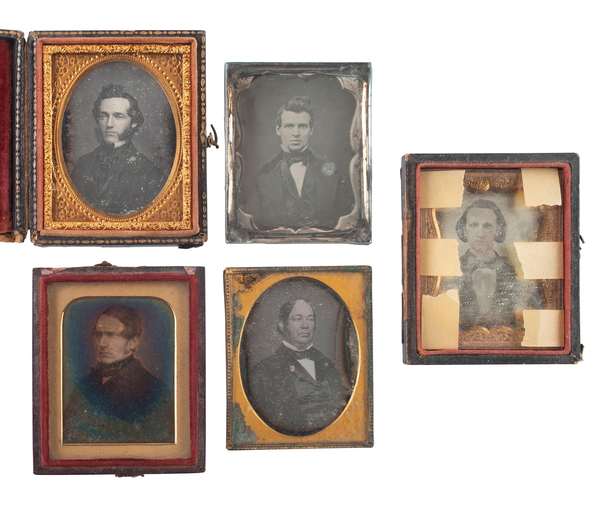 [EARLY PHOTOGRAPHY]. 19 ninth plate daguerreotypes of men with interesting hairstyles.