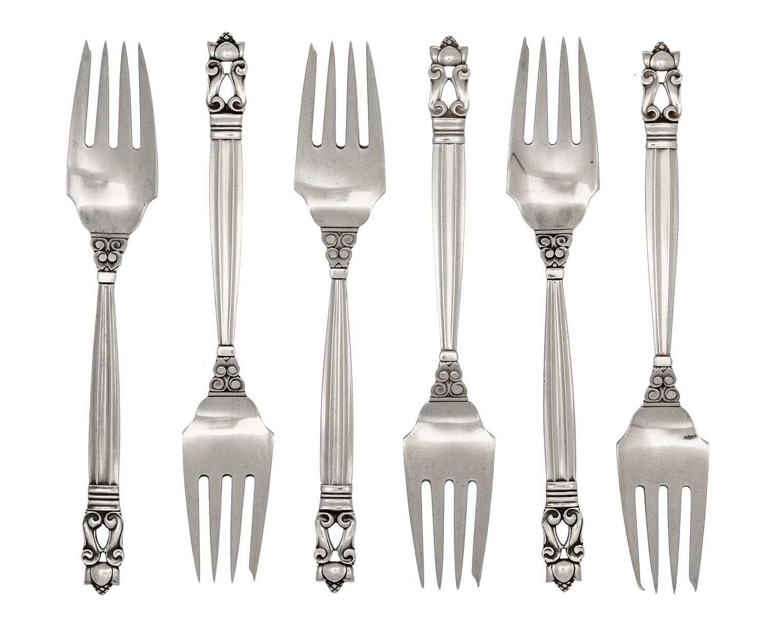 A Set of Six Danish Silver Salad Forks, Georg Jensen, Copenhagen, 1945-77, Acorn Pattern.