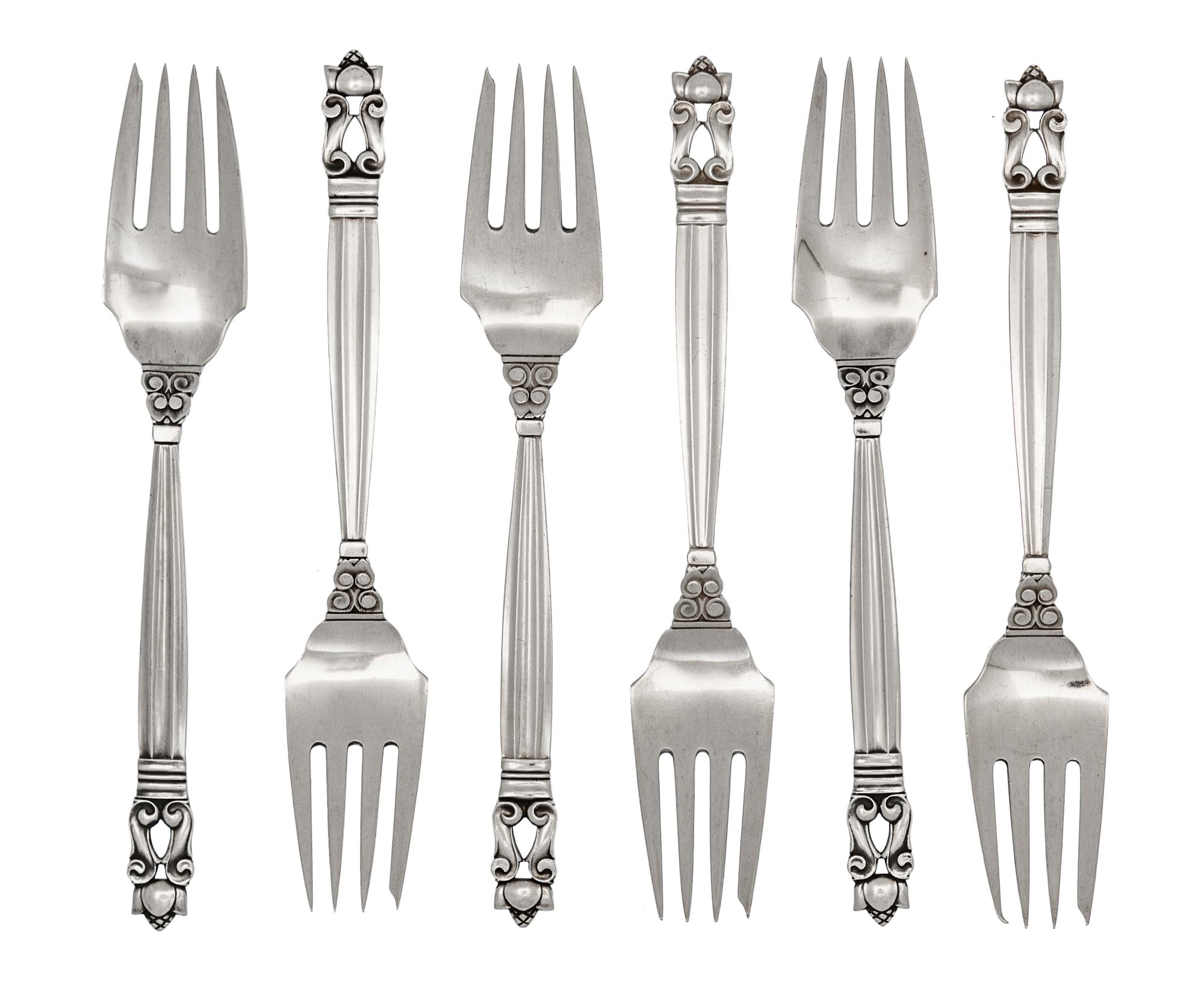 A Set of Six Danish Silver Salad Forks, Georg Jensen, Copenhagen, 1945-77, Acorn Pattern.