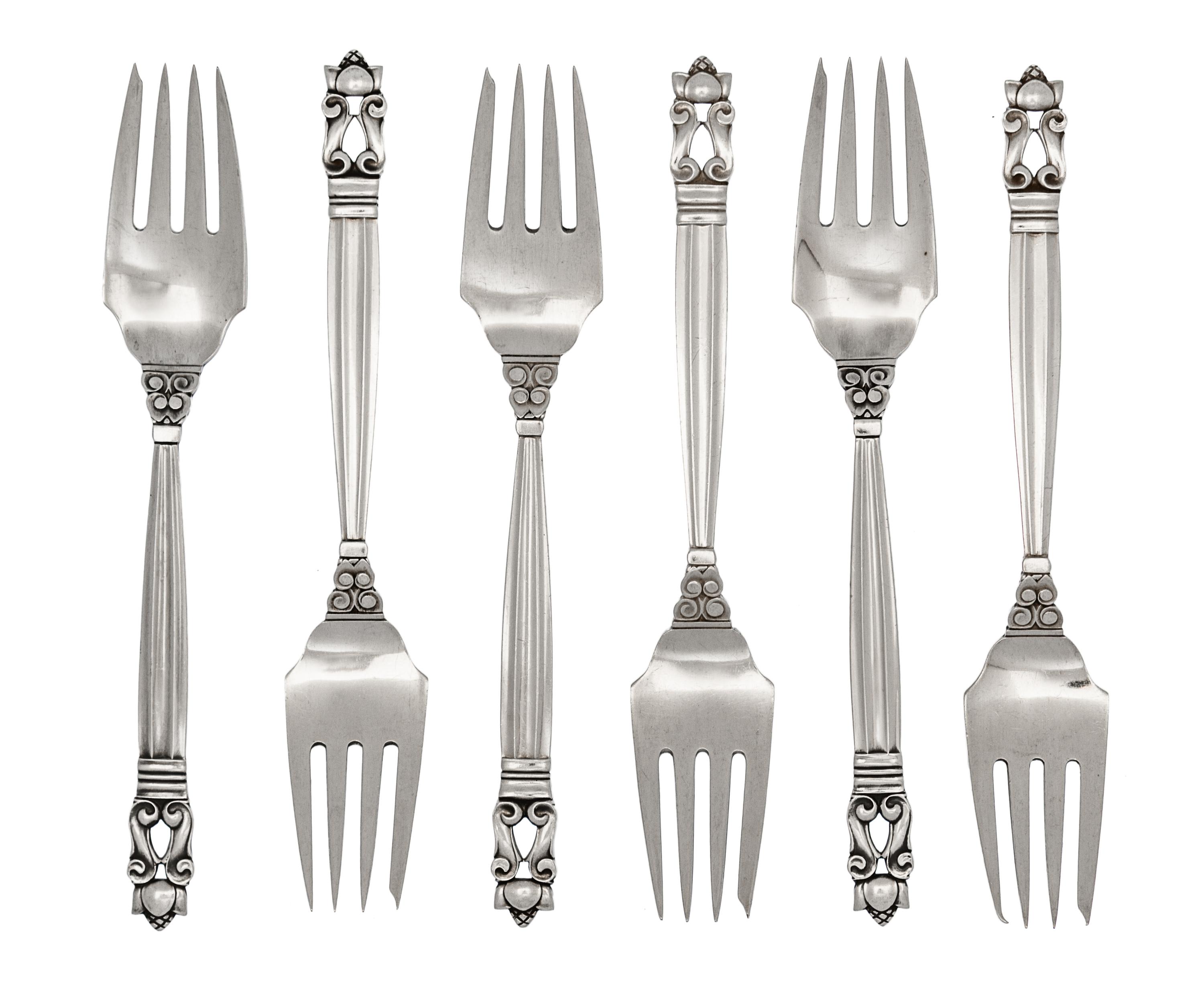 A Set of Six Danish Silver Salad Forks, Georg Jensen, Copenhagen, 1945-77, Acorn Pattern.