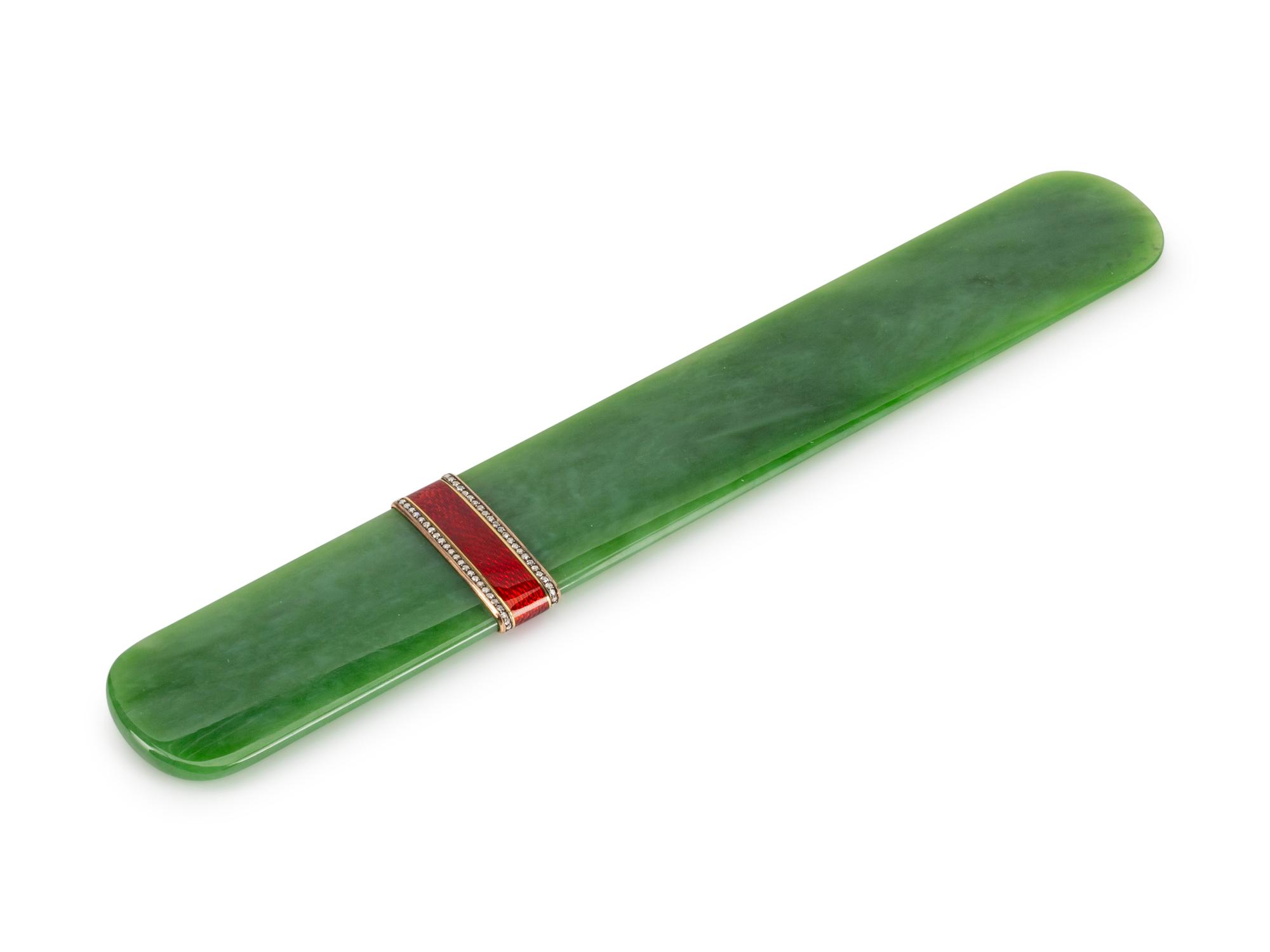 A Gold, Diamond and Enamel-Mounted Spinach Jade Letter Opener
