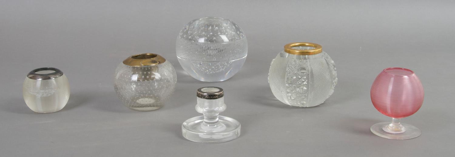 A Collection of Six Glass Match Strikes, Height of tallest 3 1/2 inches.