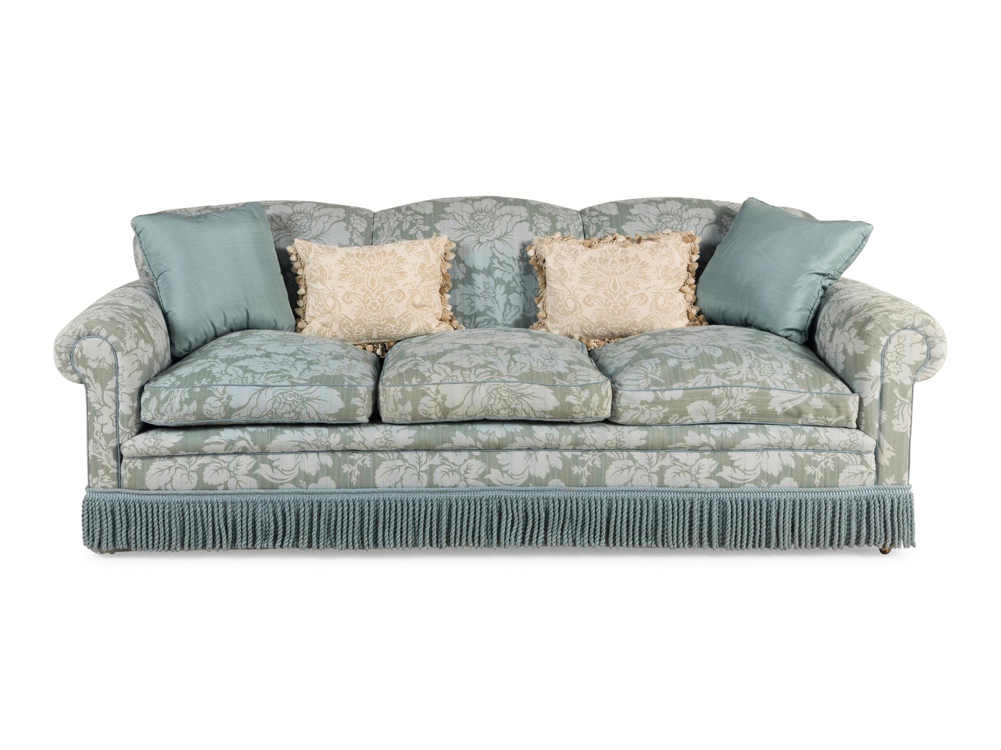 A Damask Upholstered Sofa with Buillon Fringe