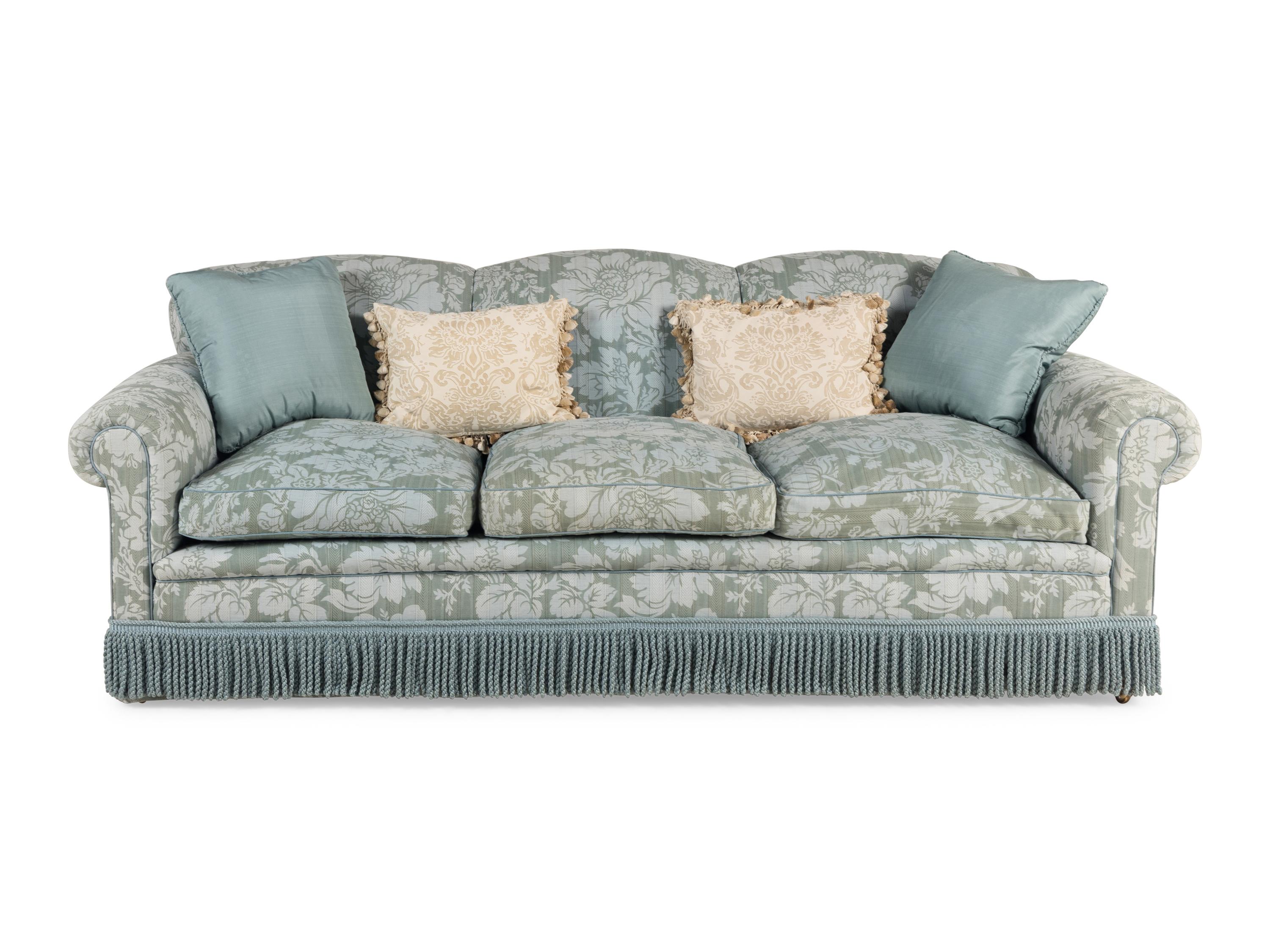 A Damask Upholstered Sofa with Buillon Fringe