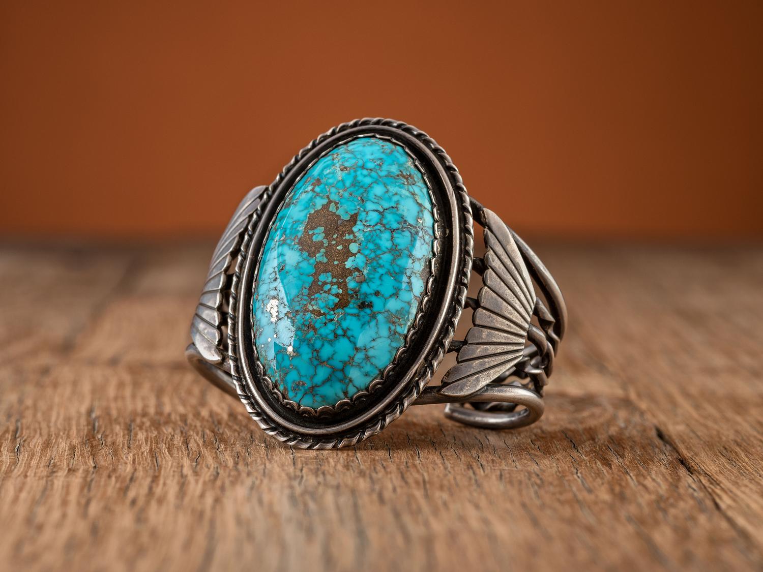 Navajo Silver Cuff Bracelet, with Large Natural Turquoise Stone