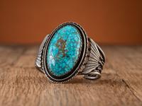 Navajo Silver Cuff Bracelet, with Large Natural Turquoise Stone