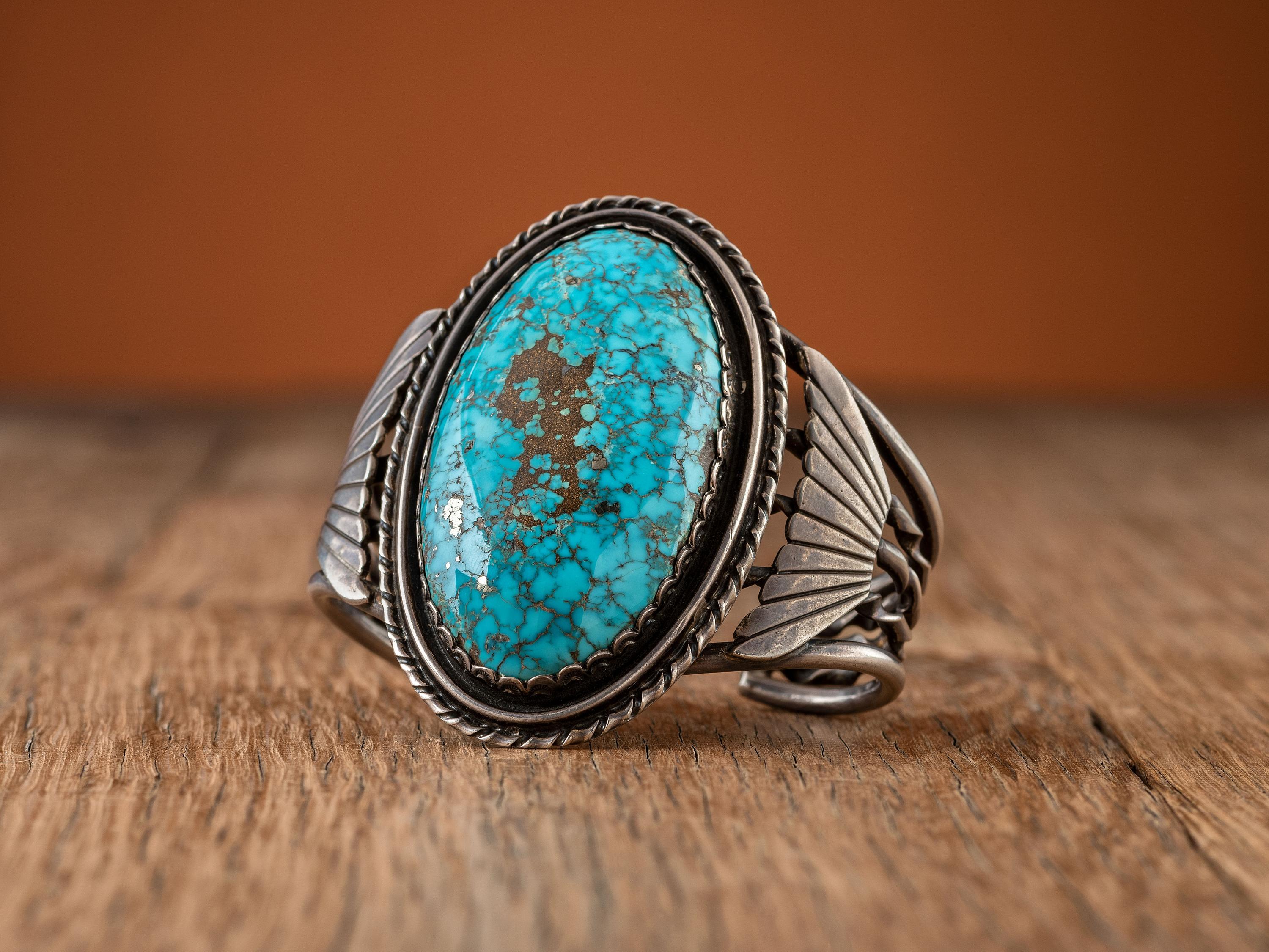 Navajo Silver Cuff Bracelet, with Large Natural Turquoise Stone