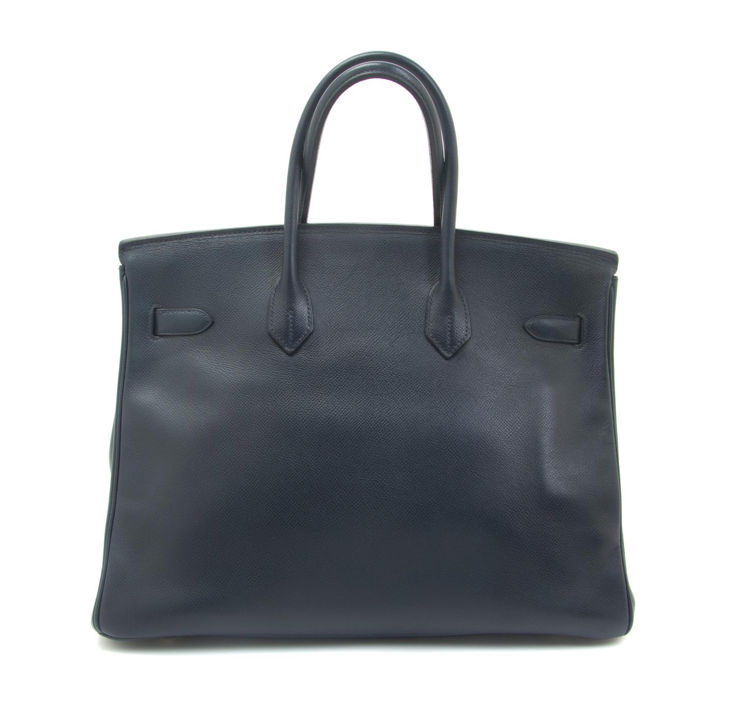 An Hermes 35cm Indigo Leather Birkin Bag, 14 x 10 x 7 inches.