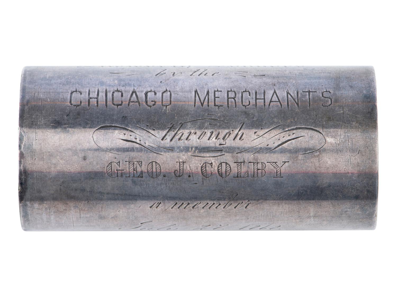 [CIVIL WAR -- ZOUAVES]. Presentation silver flag staff collar with inscription to the Ellsworth Zouaves from the Chicago Merchants. 27 July 1868.