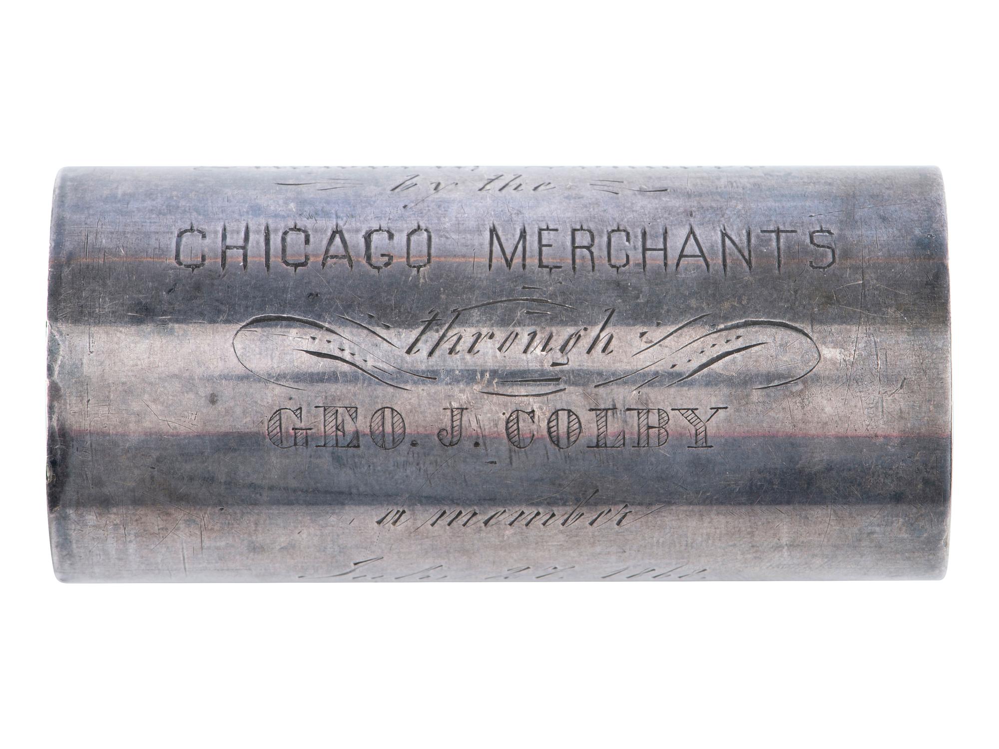[CIVIL WAR -- ZOUAVES]. Presentation silver flag staff collar with inscription to the Ellsworth Zouaves from the Chicago Merchants. 27 July 1868.