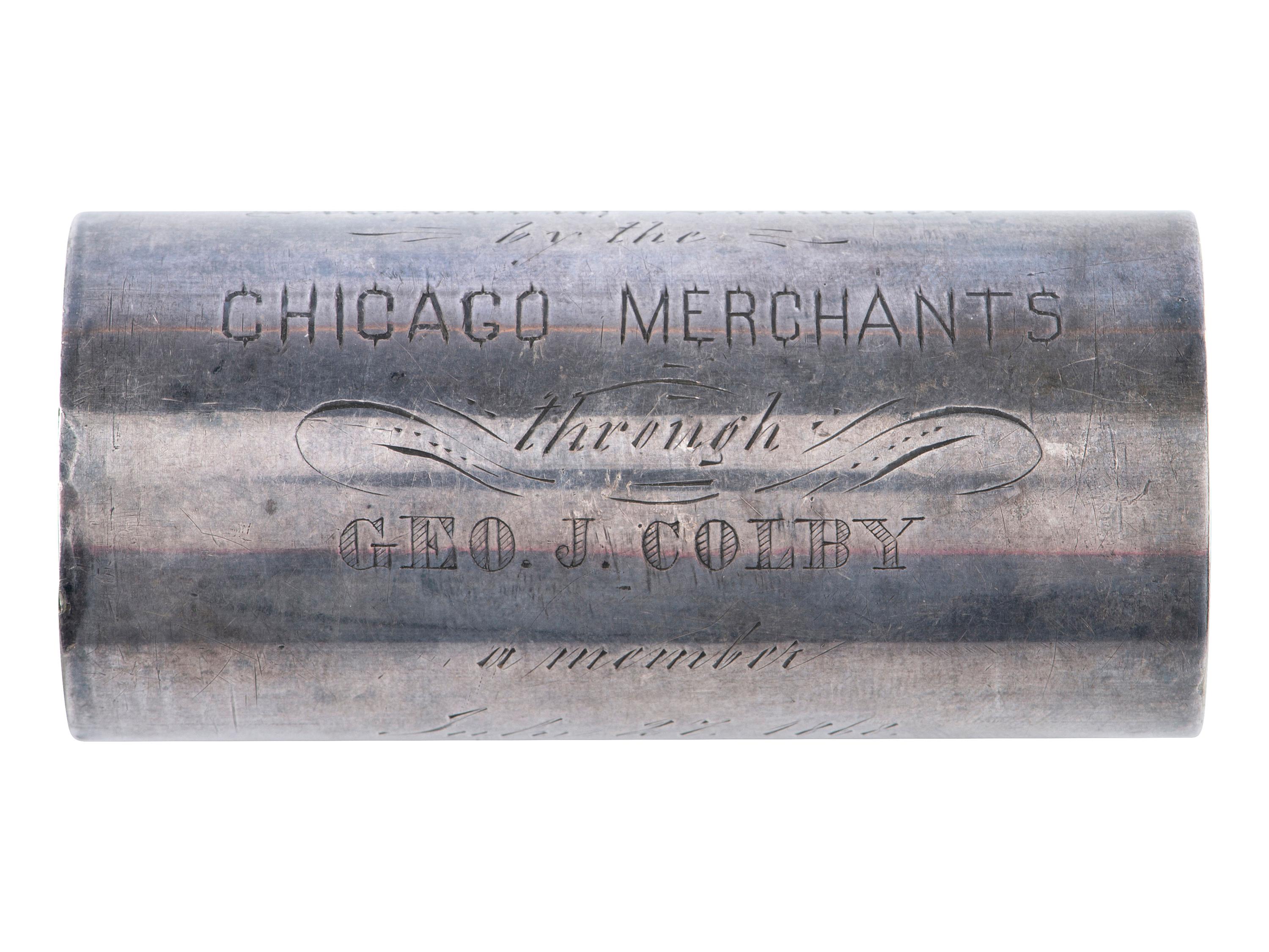[CIVIL WAR -- ZOUAVES]. Presentation silver flag staff collar with inscription to the Ellsworth Zouaves from the Chicago Merchants. 27 July 1868.