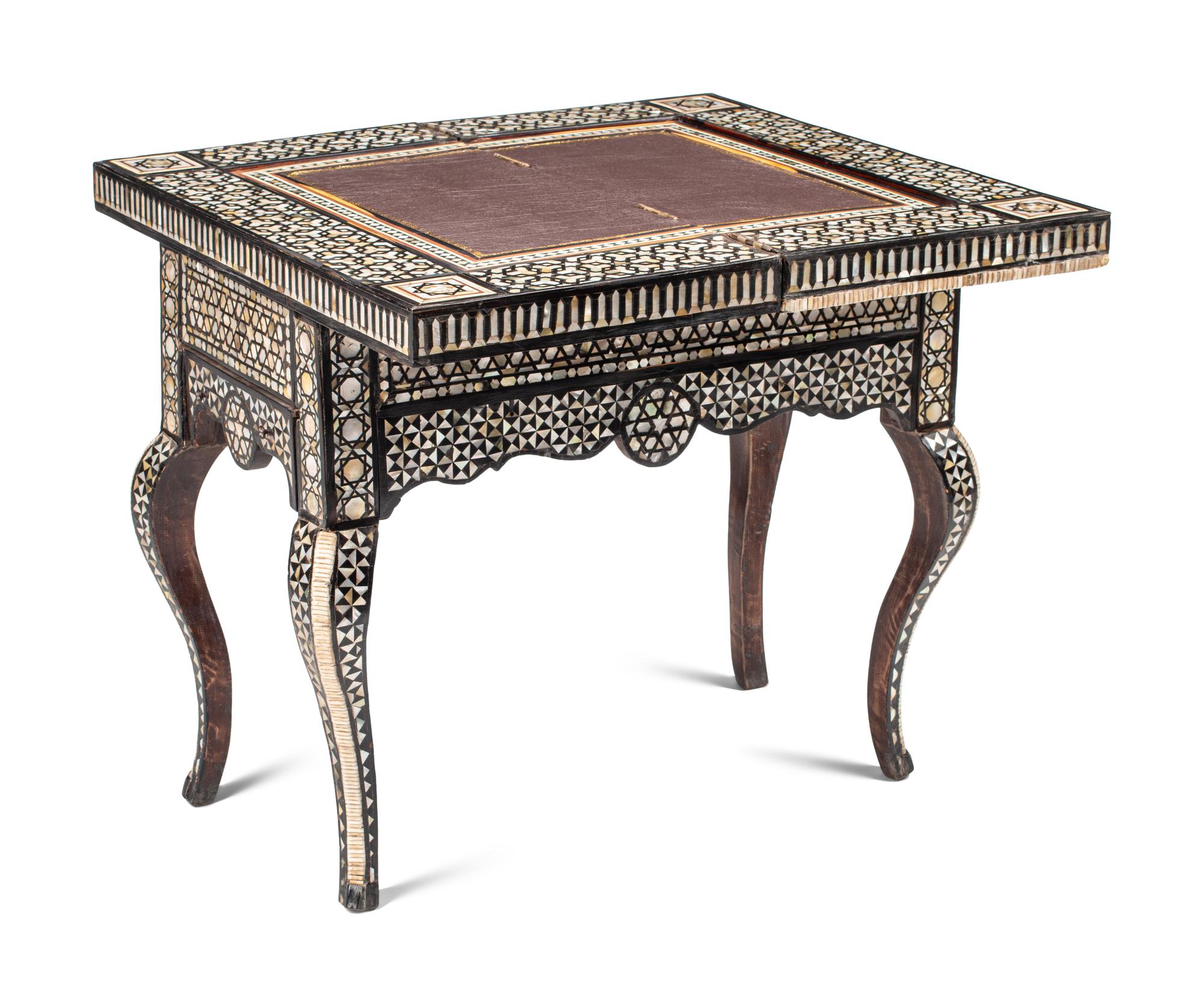 A Levantine Marquetry and Mother-of-Pearl Inlaid Flip-Top Swivel-Action Game Table